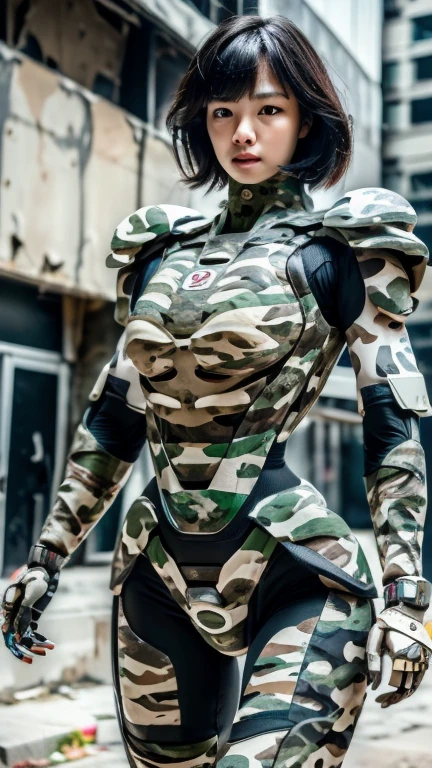 Extremely detailed CG unity 32K wallpaper, top quality, masterpiece, raw photo, photorealistic, highest resolution, professional photo, dynamic, cinematic lighting, (cyberpunk:1.4), sharp focus, depth of field, (perfect body, correct anatomy:1.5), intricately detailed face, POV, (from front:1.3), 1 girl, (female soldier:1.4), Japanese woman, solo, cowboy shot, black hair, very short hair, ultra-realistic skin, (round and slim outline of the face:1.3), (innocent face:1.1), ((narrow and dark eyes:1.2)), beautiful nose and lips, expressionless, (combat uniform:1.5), ((camouflaged, gigantic exoskeleton equipped with large laser canon:1.5)), ((perfect body proportion:1.4)), slender, beautiful breast, highly armored body, (((mechanical outfit:1.2))), female soldier in military operation, (((walking:1.1))), (((outdoor, vandalized buildings, daytime:1.3)))