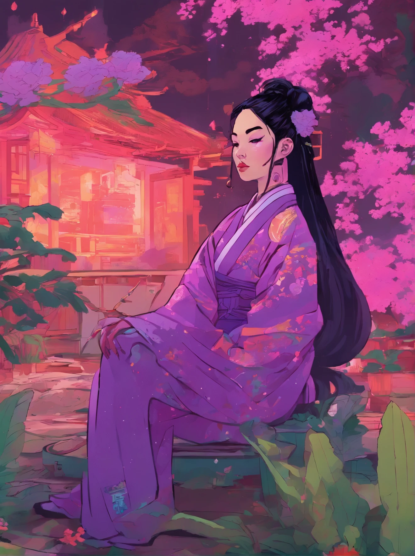 painting inspired by tomer hanuka and Victor Mosquera. A futuristic cyberpunk Japanese princess, dressed in traditional purple kimono, garden background, murasaki flowers, monochromatic colors, (purple color pallette), best quality, detailed painting