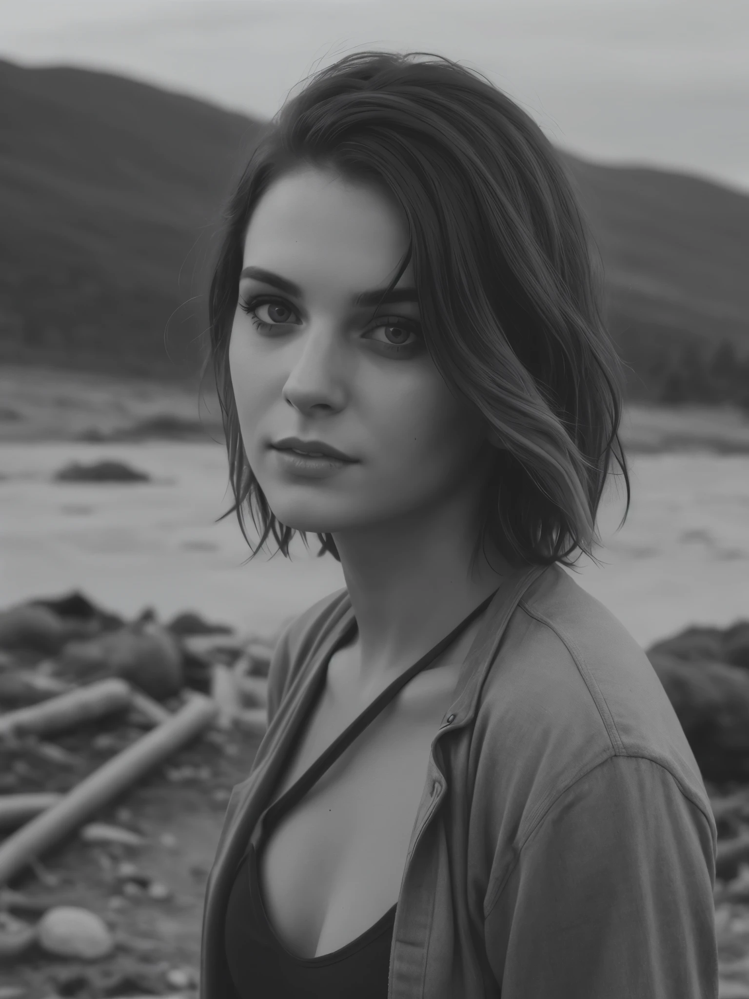 Photorealistic, masterpiece grayscale photo, woman with messy hair and poor minuscule postapocalyptic clothes, cute sexy, (detailed wastelands background), ultra sharp focus, detailed face, (((posing))), random hair color, short hair, beautiful eyes, full body, high quality black and white image