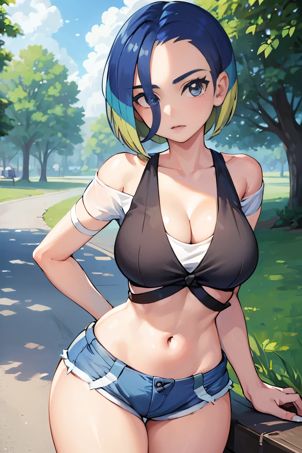 ((1girl)), perfect face, young adult woman, realistic photo, beautiful face, perfect face, masterpiece, ((perrin pokemon)), blue eyes, blue hair, bob cut, multicoloured hair, (background: blue sky), (cowboy shot), slim waist, cleavage, low shorts, croptop, gigantic breasts, white off shoulder, looking at viewer