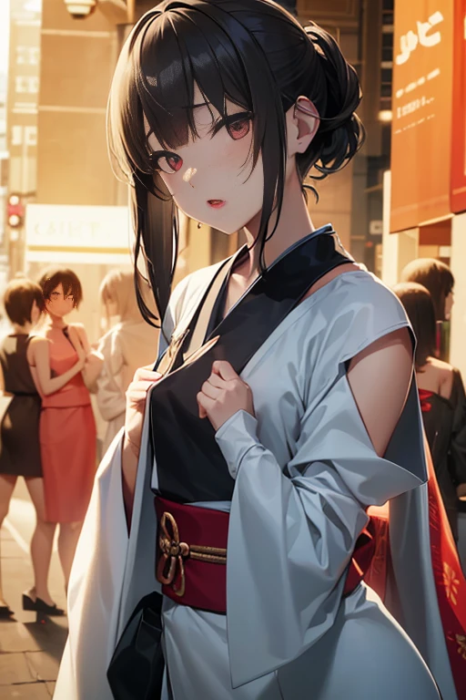 {{{{femboy、fake girl、flexible、thin、flat chest、Poor chest、sloped shoulder、share、bulge、junk、package}}}}、{{thinウエスト}}、{{black hair、blunt bangs、half updo、short hair、White and black kimono、clear face、expressionless、red lipstick}}