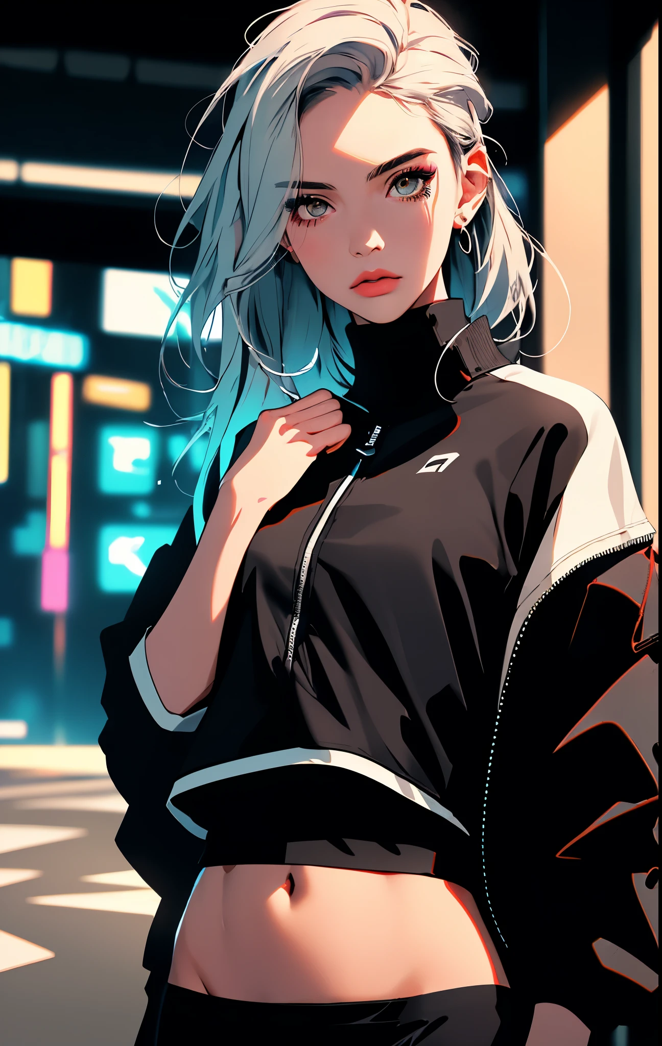 sports bra, sports jacket, sport pants, no panties, ( cyberpunk environment:1.2),makeup,, (1 girl:1.4),best quality, masterpiece, (realistic:1.2), young woman, a lady, detailed face, detailed eyes, detailed hair, detailed skin,look at viewer, dramatic, vibrant, sharp focus,50mm,F1.2, EOS R8,(3/4 body:1.2),standing,(complex background:1.6),(Best quality details:1.2),8K High definition,
