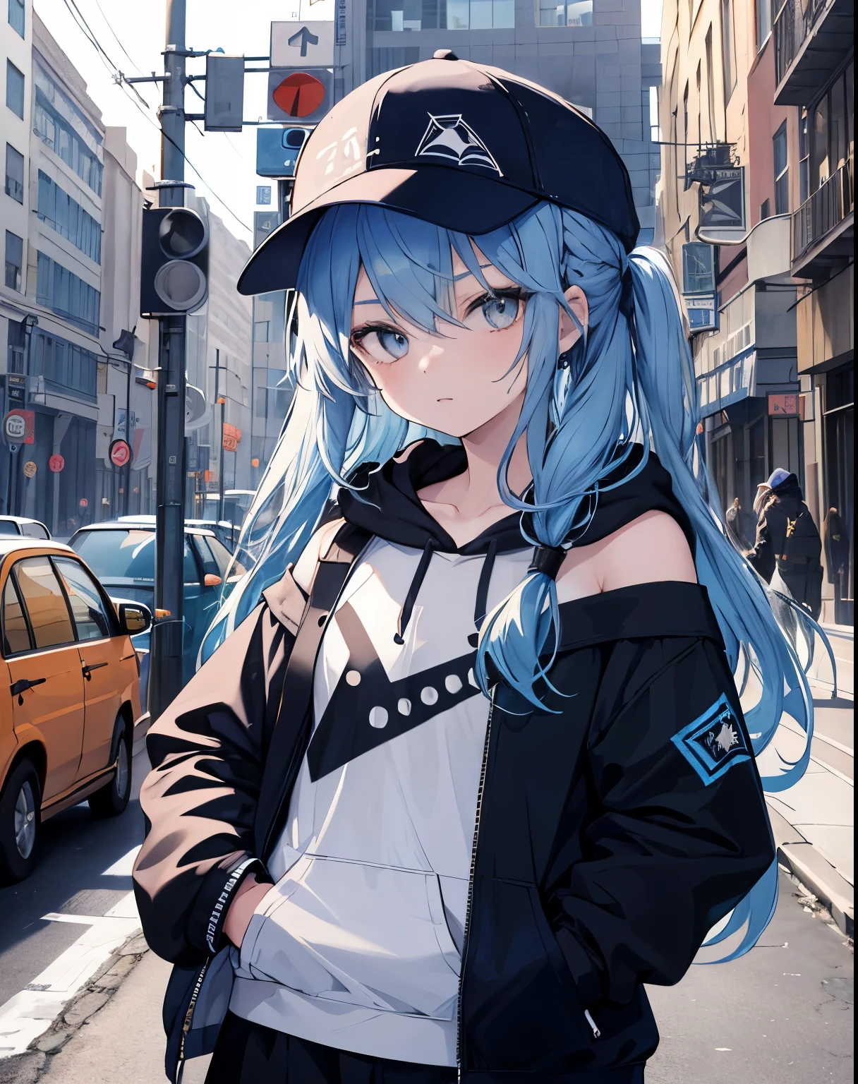 masterpiece,1girl,solo,long hair,blue hair,hoodie,off shoulder:1.2, mob cap, street,hand on hip, hand in pocket,