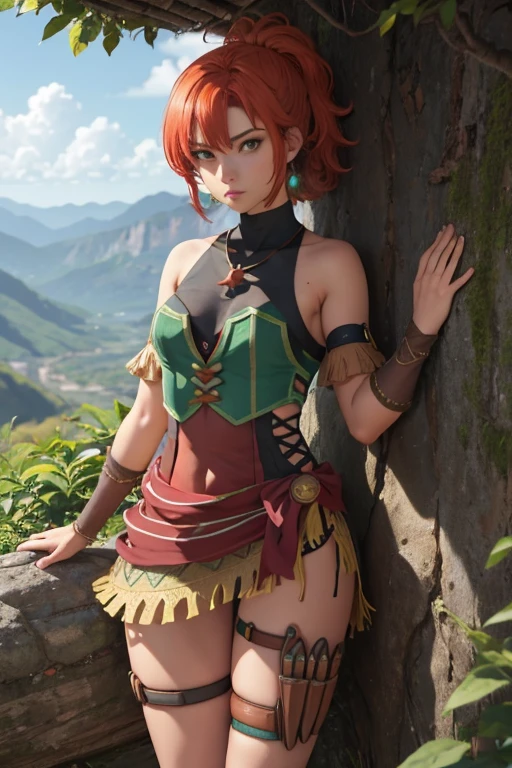 obra de arte, melhor qualidade, ysKarna, arco de cabelo, topo de colheita verde, umbigo, mangas destacadas, single thigh height, thigh strap, luvas sem dedos, sentado, em terra, de cima, olhando para o espectador, floresta, selva