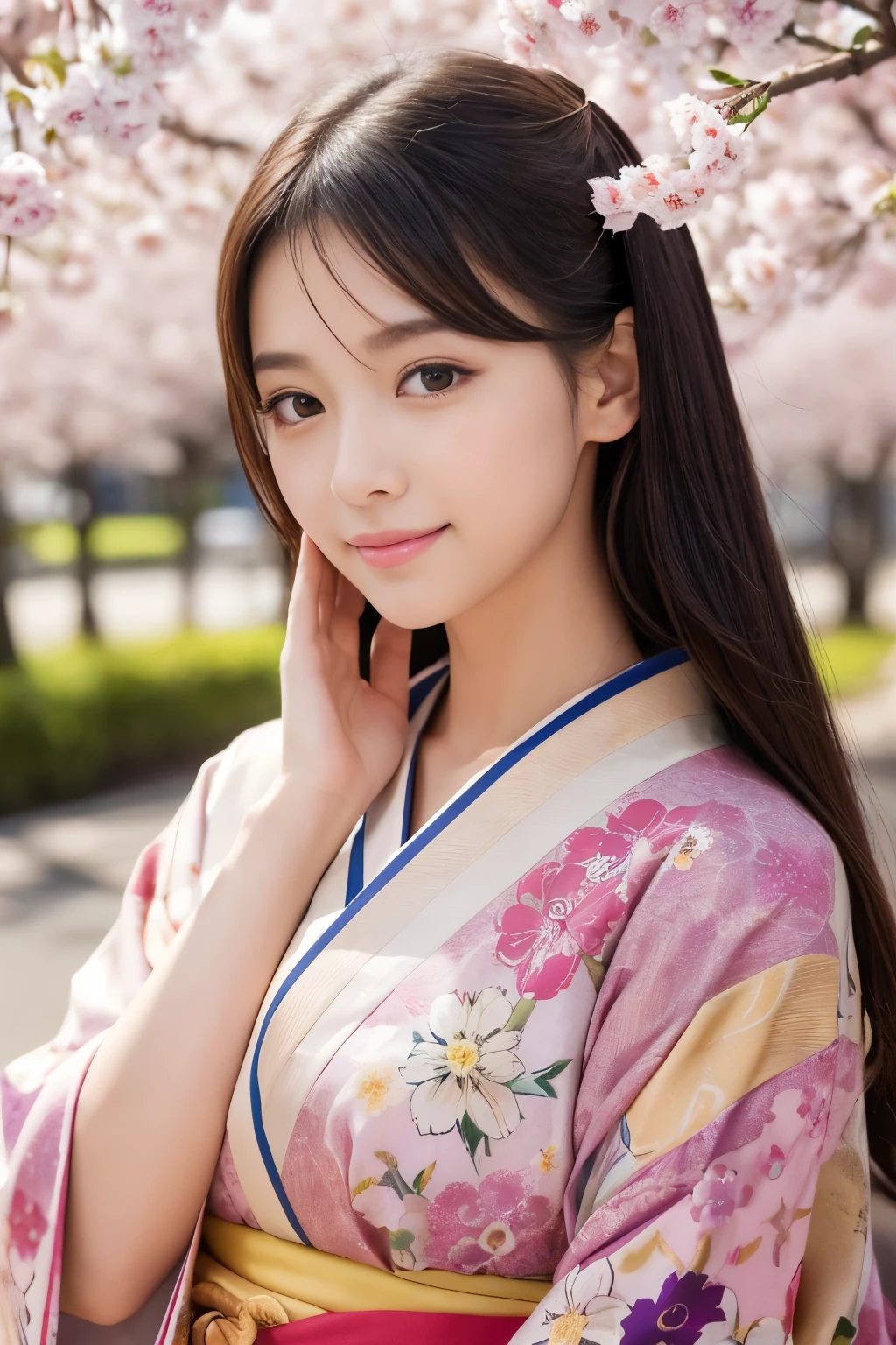 muste piece, best quality, 8K、(Golden Ratio Face、balanced eyes、very gentle eyelids)、double eyelid、beautiful nose、shy smile、lip gloss 、Very beautiful girl、Beautiful girl solo like a model、See photographer、Kimono with intricate patterns and traditional designs、detailed colors、Kimono with brightly colored patterns、Taken in front of a cherry tree、up hair 1.2、(((provocative pose、sexy pose、bold pose)))