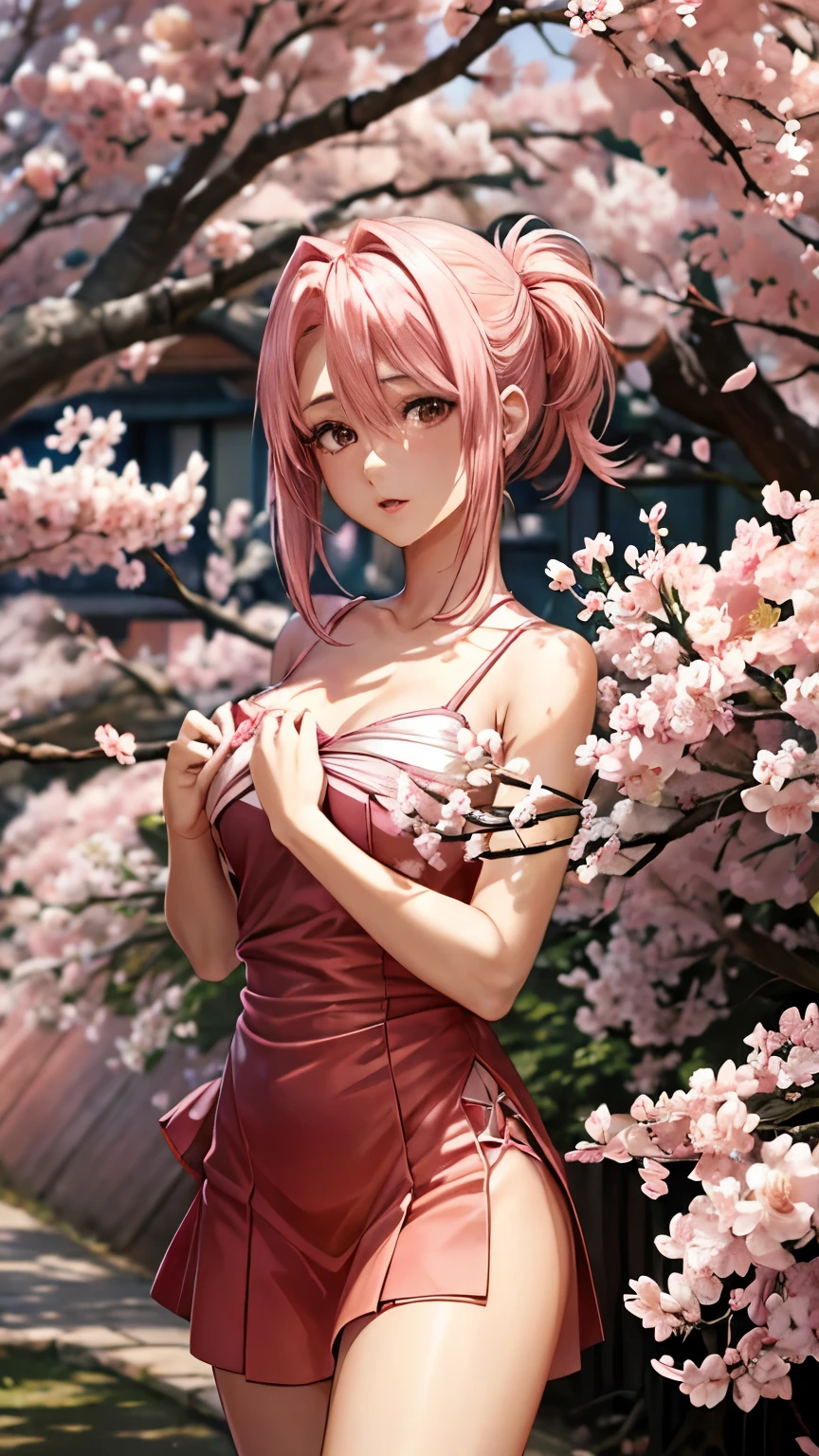 a woman with pink hair wearing a red dress, haruno sakura, sakura haruno, sakura bloomimg, lush sakura, sakura haruno in slug sage mode, sakura blooming on background, sakura petals around her, visual novel cg, sakura, blossom sakura, cute girl with short pink hair, smooth anime cg art, official art, official character art, sakura season