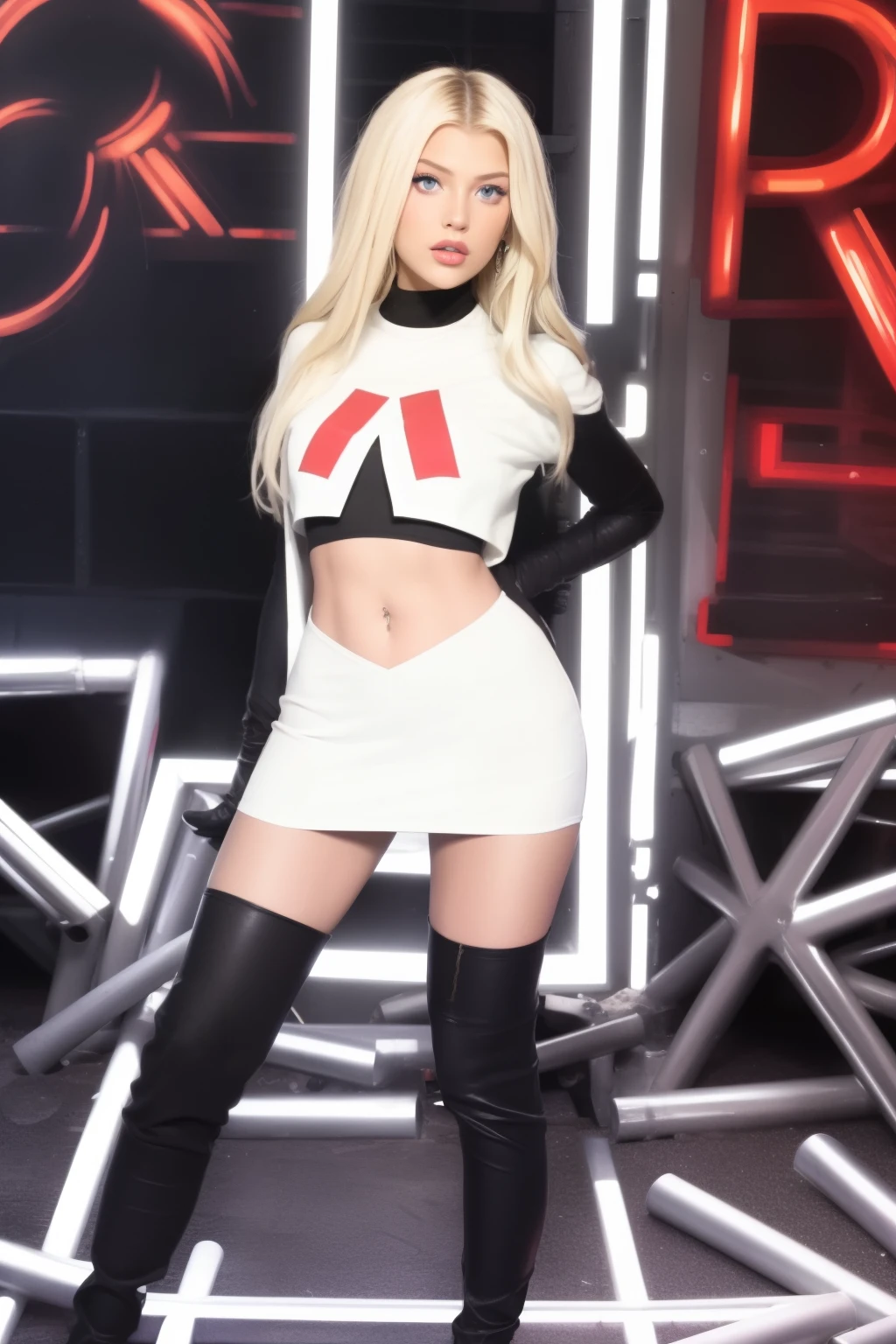 the face of lorengray, team rocket,team rocket uniform, red letter R, white skirt,white crop top,black thigh-highs,black elbow gloves,