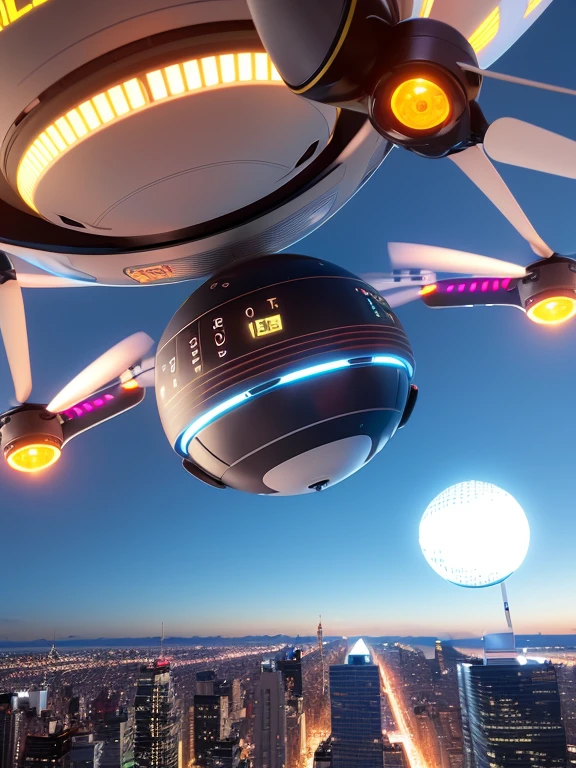 Futuristic high tech drone, high detail, Sphere shaped drone, drone has a spherical shape, the color of the drone is black, multiple cameras first person viewer drone, 4 propeller drone, flying over new york city