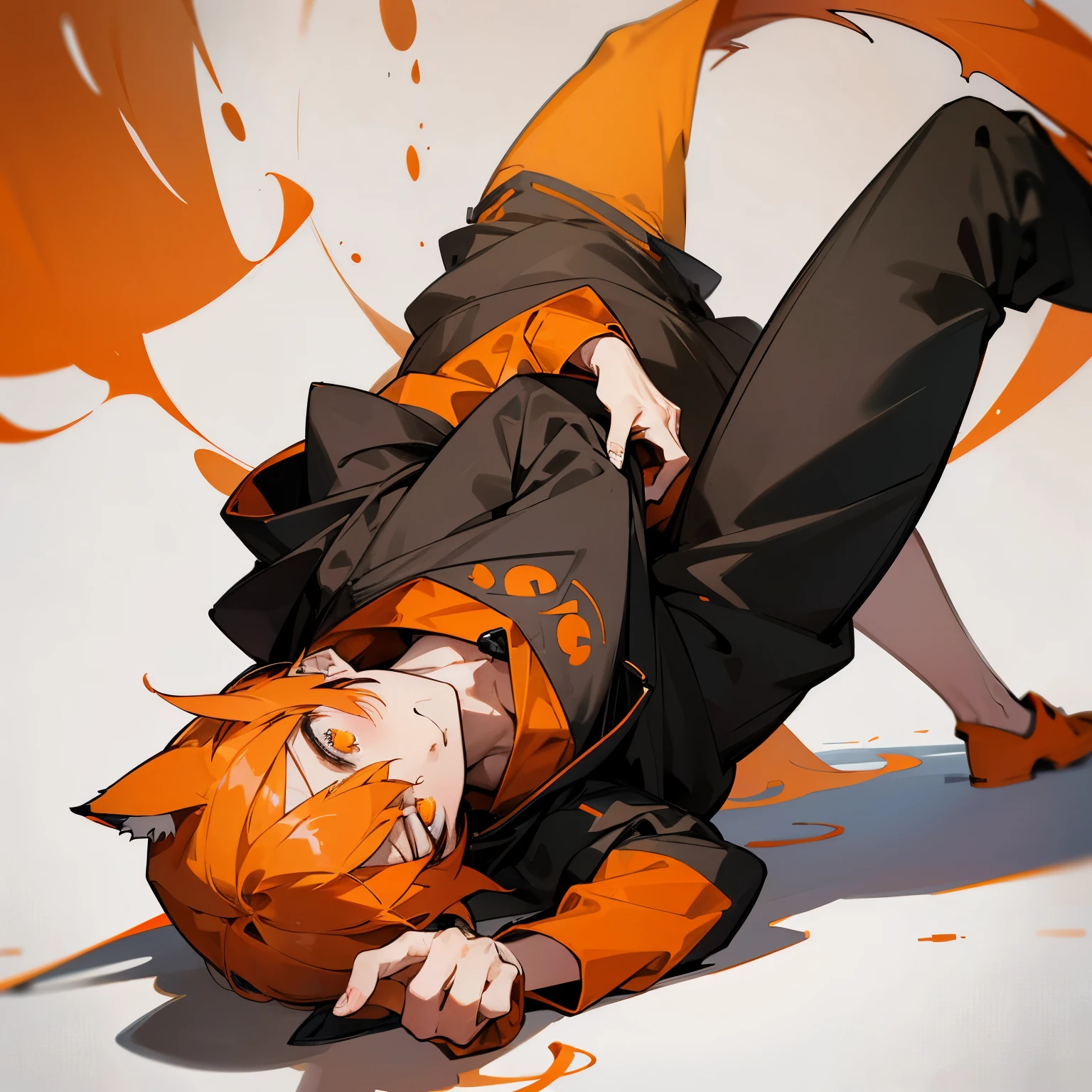 1 boy, orange hair, orange eyes, wolf ears, wolf tail, gray hoodie, black pants, HD, vibrant, masterpiece, highest quality, slim, Tight, dead expression, stare at the camera
