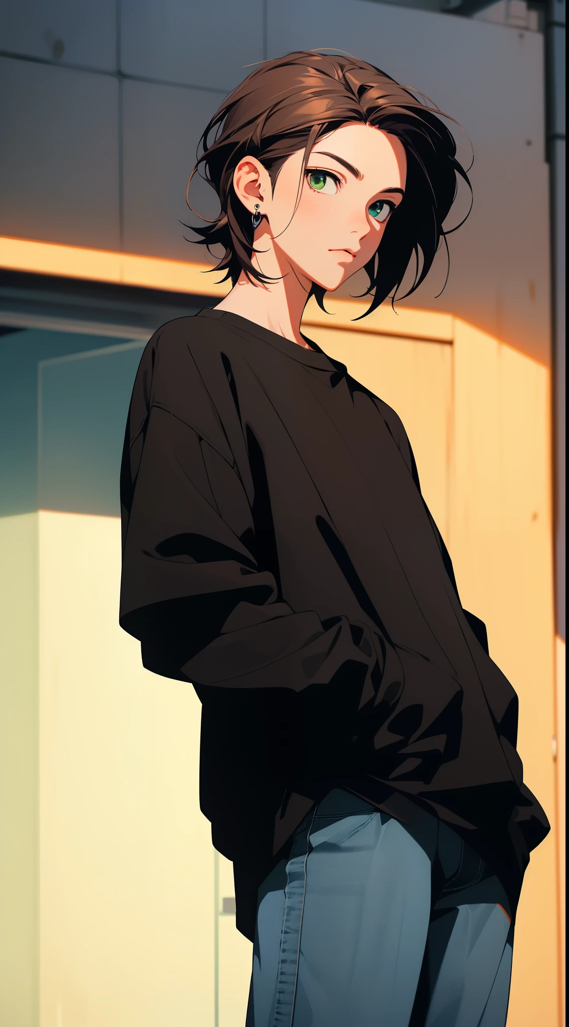 anime character of a woman with a black shirt longsleeve and blue jeans, short brown hair, neck length, green eyes, a digital painting inspired by Tomer Hanuka, trending on pixiv, serial art, heavy gesture style closeup, full body details, wearing casual clothes, style anime, anime style hyper detailed, anime style character, striking detailed artstyle, realistic artstyle, clean detailed anime style, modern anime style, Brown Hair