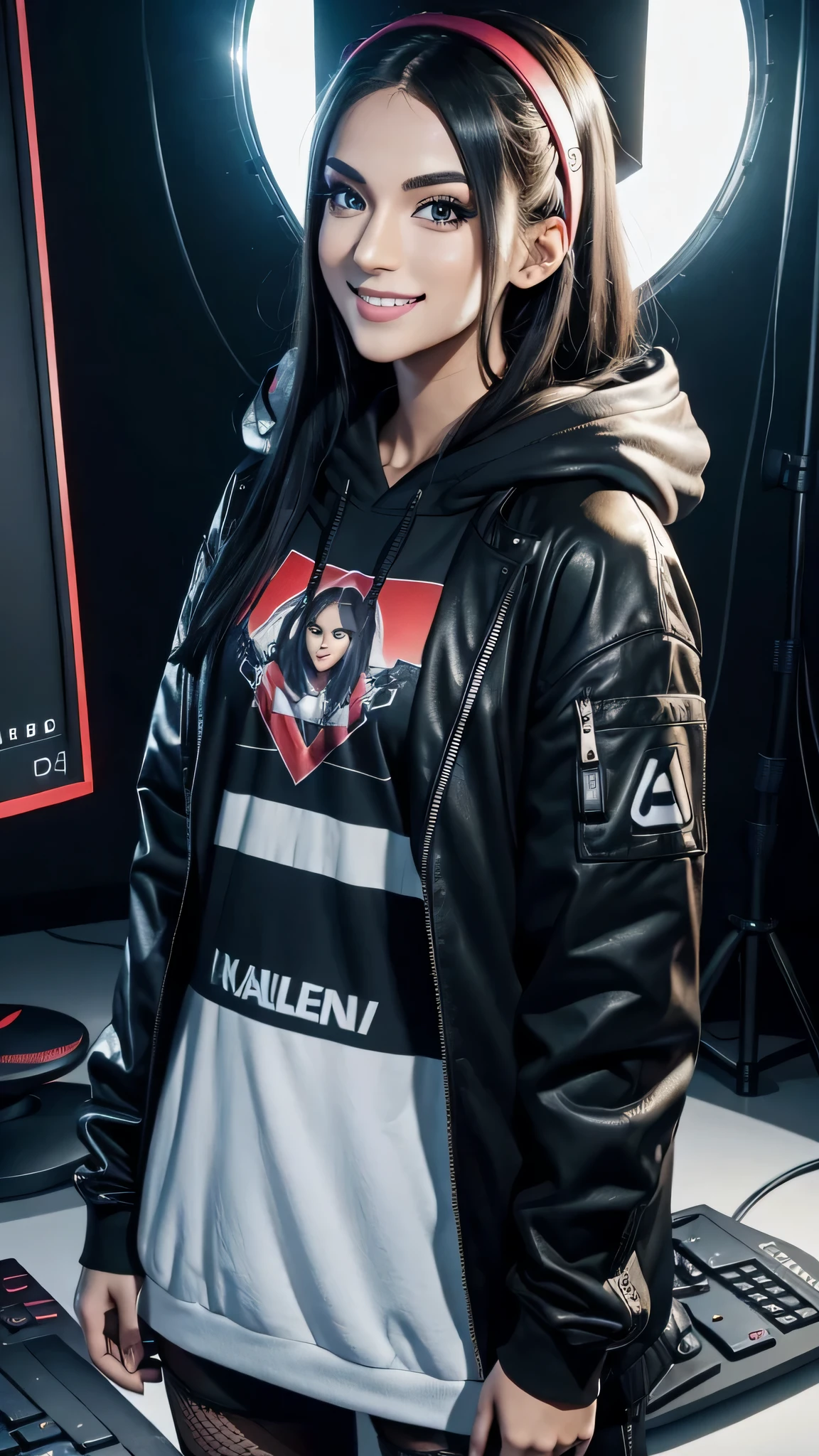 create a youtuber/streamer, extremely beautiful, unique, a mix of the most famous youtubers, the most important detail is to always repeat the same face, always repeat the same body proportions, and always repeat the same clothes, studio lighting, set in a very modern and beautiful four gamer, alone, malicious smile
