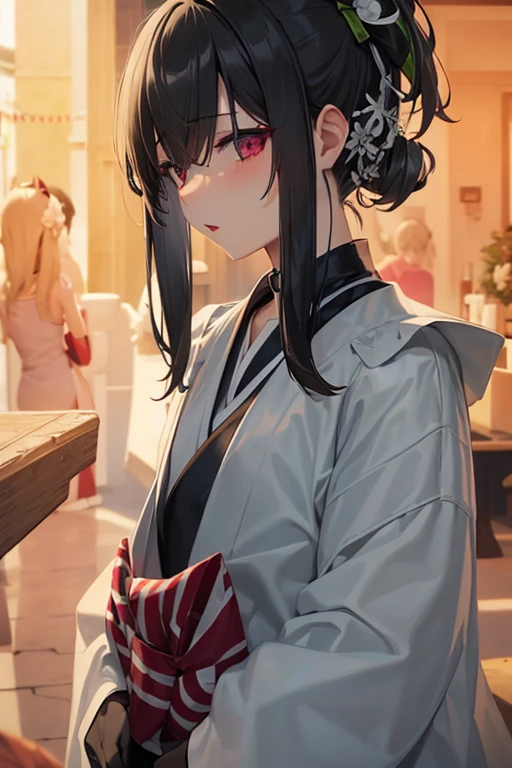 {{{{femboy、fake girl、flexible、thin、flat chest、Poor chest、sloped shoulder、share、bulge、junk、package}}}}、{{thinウエスト}}、{{black hair、blunt bangs、half updo、short hair、White and black kimono、clear face、expressionless、red lipstick}}