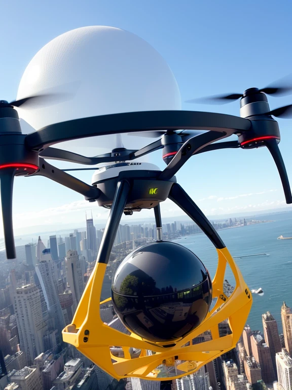 Futuristic high tech drone, high detail, Sphere shaped drone, drone has a spherical shape, the color of the drone is black, multiple cameras first person viewer drone, 4 propeller drone, flying over new york city, coconut sized drone, drone shaped like a ball with 4 propellers