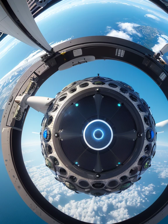 Futuristic high tech drone, high detail, Sphere shaped drone, drone has a spherical shape, the color of the drone is black, multiple cameras first person viewer drone, 4 propeller drone, flying over new york city, coconut sized drone, drone shaped like a ball with 4 propellers