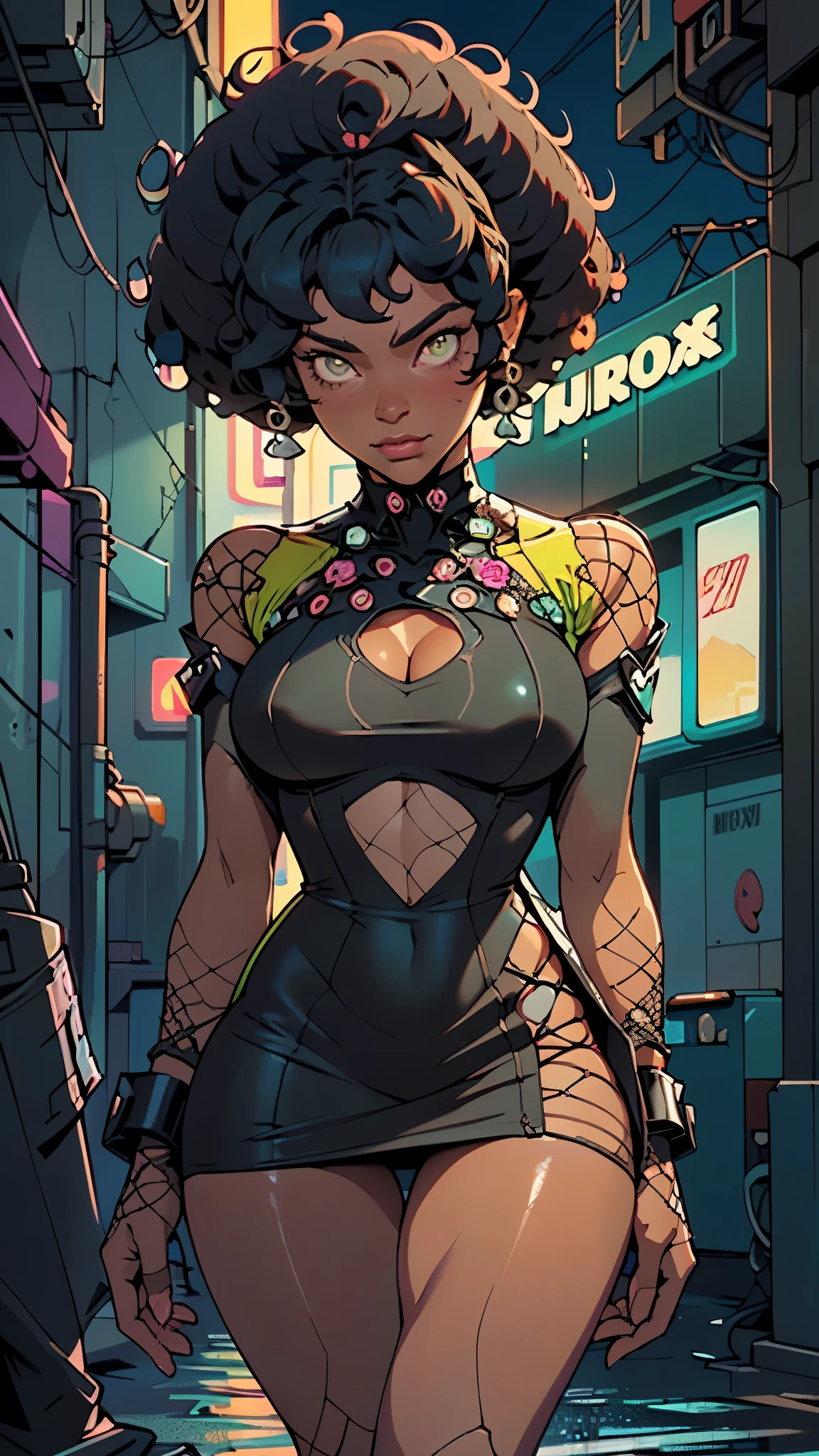 girl spacepunk,(((1girl))),((cute and beautiful afro haired girl)),((((black race)))),
(large breasts:1.4),saggy breasts,((((black afro hair:1.35,((afro hair:1.35)),afrohair,afro:1.35,dark hair,black hair,Double hair bun:1.3)))),medium hair,((heterochromia:1.5, (yellow_eye and red_eye))),intricate eyes,beautiful detailed eyes,symmetrical eyes,((fat)),((((tan,dark skin,black skin:1.35,dark-skinned_female,dark skin:1.3,ebony skin,lustrous skin:1.5,bright skin: 1.5,shiny skin,very shiny skin,shiny body,illuminated skin,wet legs)))),(spider lower abdomen,narrow waist,wide hip,athletic body,inflated legs, thick thighs),(((detailed face))),
cute,slutty,sensual,seductive look,seductive,erotic,enchanting,((nsfw)),
revealing clothing,show skin,(((neon green fishnet dress))),((slave collar)),(((wet clothes,intricate outfit,intricate clothes))),
(dynamic pose:1.0),solo focus,embarrassed,(centered,scale to fit dimensions,Rule of thirds),
cyberpunk city by the ocean at night, with bright neon signs and dark stormy clouds and puddles, scenery:1.25,nighttime, starry night, cosmos,Very dark night that makes the neon lights stand out, very bright neon lights,
artistic photography,(photography taken by sldr),highres, sharp focus,(ultra detailed, extremely detailed), (photorealistic artwork:1.37),(extremely detailed CG unity 8k wallpaper),((synthwave background theme)),(((vibrant colors))),intricate,(intricate background),(masterpiece),(best quality),perfect rendered face,perfect face details,realistic face,photo realistic,analog style,((intricate detail)),(((realism))),