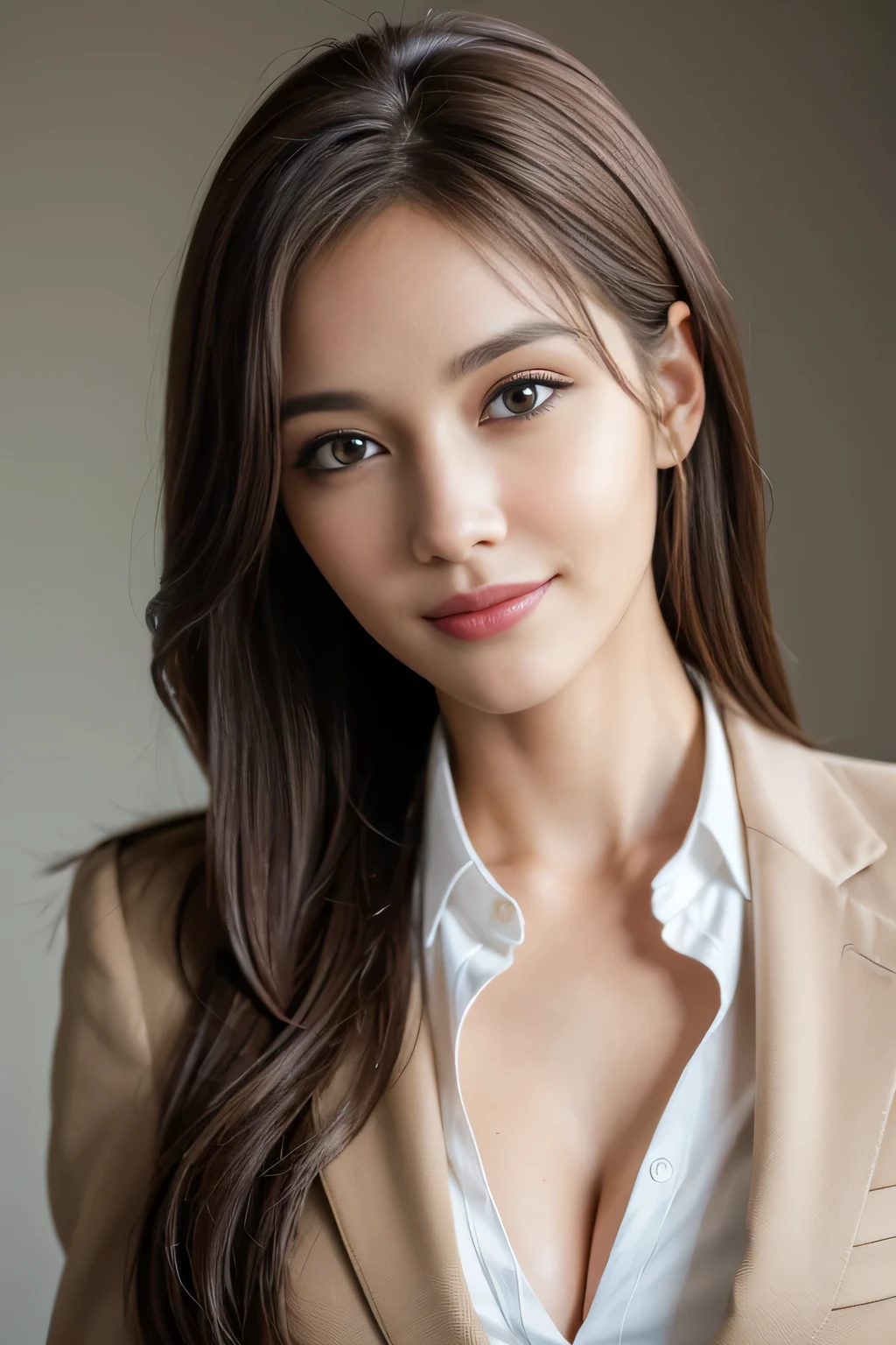 table top, highest quality, realistic, Super detailed, finely, High resolution, 8k wallpaper, 1 beautiful woman,, light brown messy hair, wearing a business suit, sharp focus, perfect dynamic composition, beautiful and detailed eyes, thin hair, Detailed realistic skin texture, smile, close-up portrait, model body shape