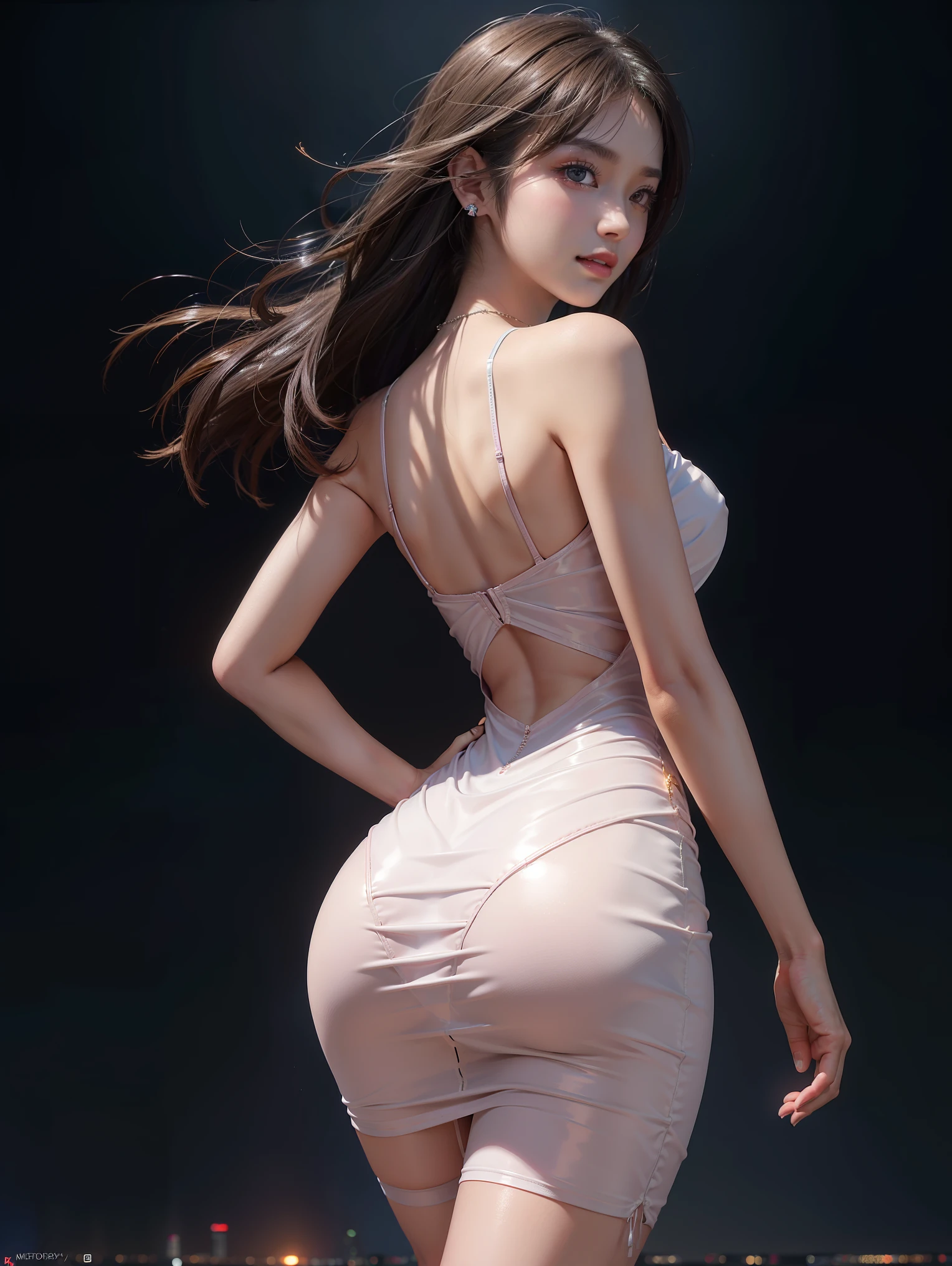 8K, Masterpiece, RAW photo, Best quality, detail:1.2), Photorealistic, Extremely detailed Cg Unity 8K wallpaper, Depth of field, Cinematic light, Lens flare, Ray tracing, (Extremely beautiful face, Beautiful lips, Beautiful eyes), intricate detail face, ((ultra detailed skin)) 1girll, In the dark, deepshadow, Pretty Korean girl, Kpop idol, (Very slim and slender muscular body:1.3), ((view the viewer)), (Big smile), (bodycon minidress), (Pink dress), (Injection sleeve), (City Night, (neon lights sign), (Night), Pretty Korean girl, Earrings, bangle, necklace, Pantyhose, Clear eyes, Walking, (Pale skin), Face forward, (Big eyes), ((upperbody shots)), tightly dress, Silk dress, Turn Back, Back shot, Very slim, slander