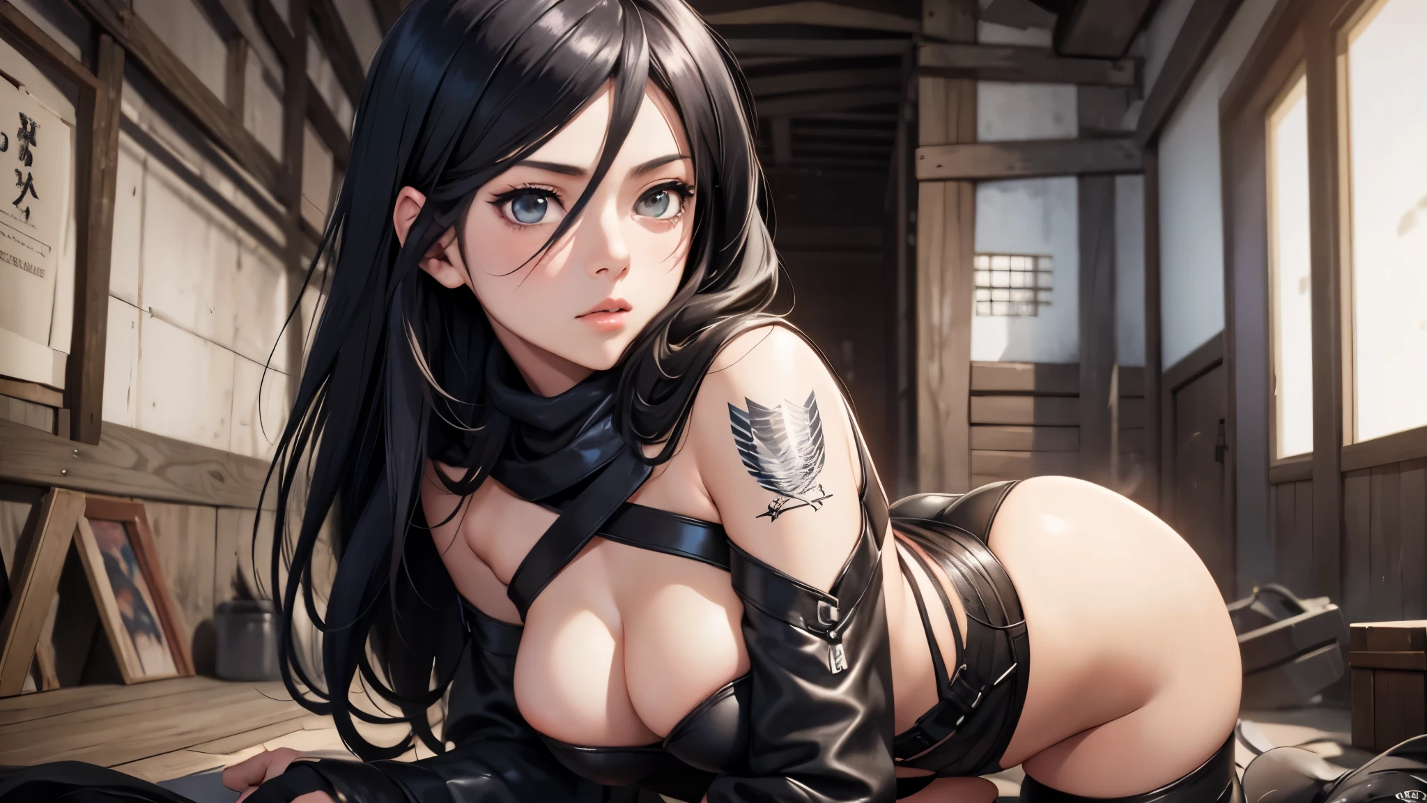 (best quality,ultra-detailed,realistic:1.37),fantasy portrait,charcoal drawing,dramatic lighting,vibrant colors,wide-eyed girl Mikasa Ackerman from anime "Attack on Titan",expressive lips,detailed facial features,confident expression,powerful stance,enchanted forest background,dynamic perspective,sharp focus,fierce wild-like hair,]"sexy" girl model[,[18-year-old],rebellious attitude,provocative pose,exquisite attention to clothing details,thigh-high boots,[colorful tattoos],mysterious aura,Eagle flying in the distance