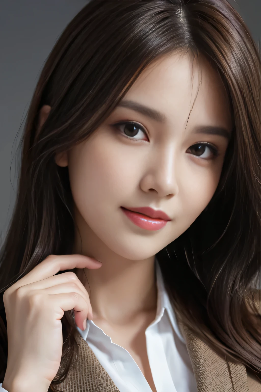 table top, highest quality, realistic, Super detailed, finely, High resolution, 8k wallpaper, 1 beautiful woman,, light brown messy hair, wearing a business suit, sharp focus, perfect dynamic composition, beautiful and detailed eyes, thin hair, Detailed realistic skin texture, smile, close-up portrait, model body shape