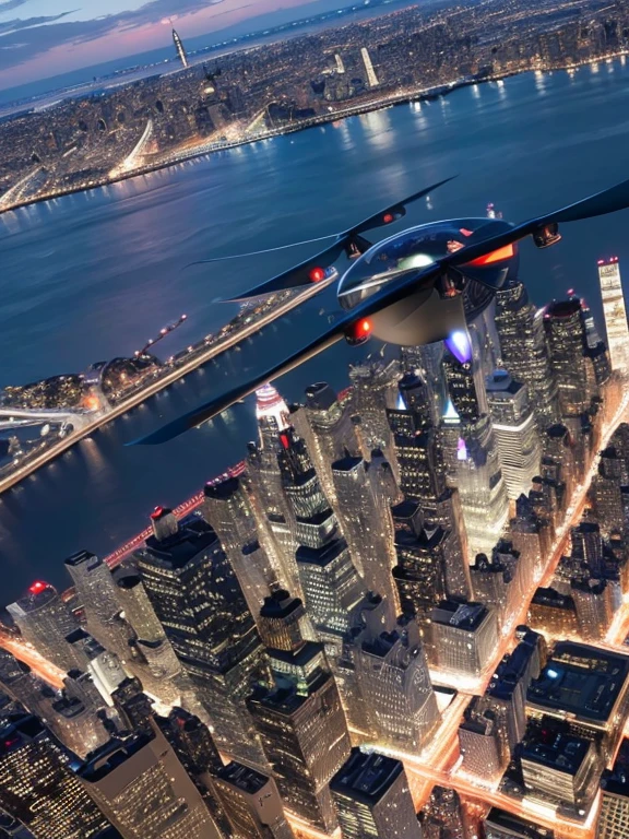 black quadcopter shaped like a sphere flying over Manhattan new York high detail superior quality
