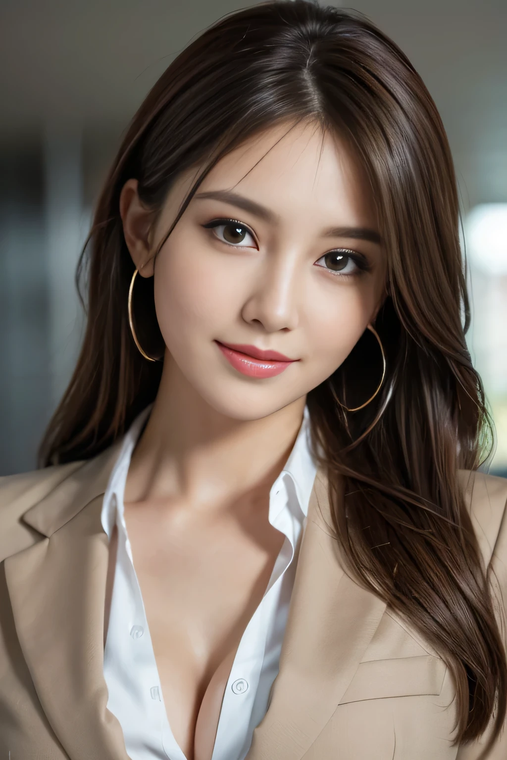 table top, highest quality, realistic, Super detailed, finely, High resolution, 8k wallpaper, 1 beautiful woman,, light brown messy hair, wearing a business suit, sharp focus, perfect dynamic composition, beautiful and detailed eyes, thin hair, Detailed realistic skin texture, smile, close-up portrait, model body shape