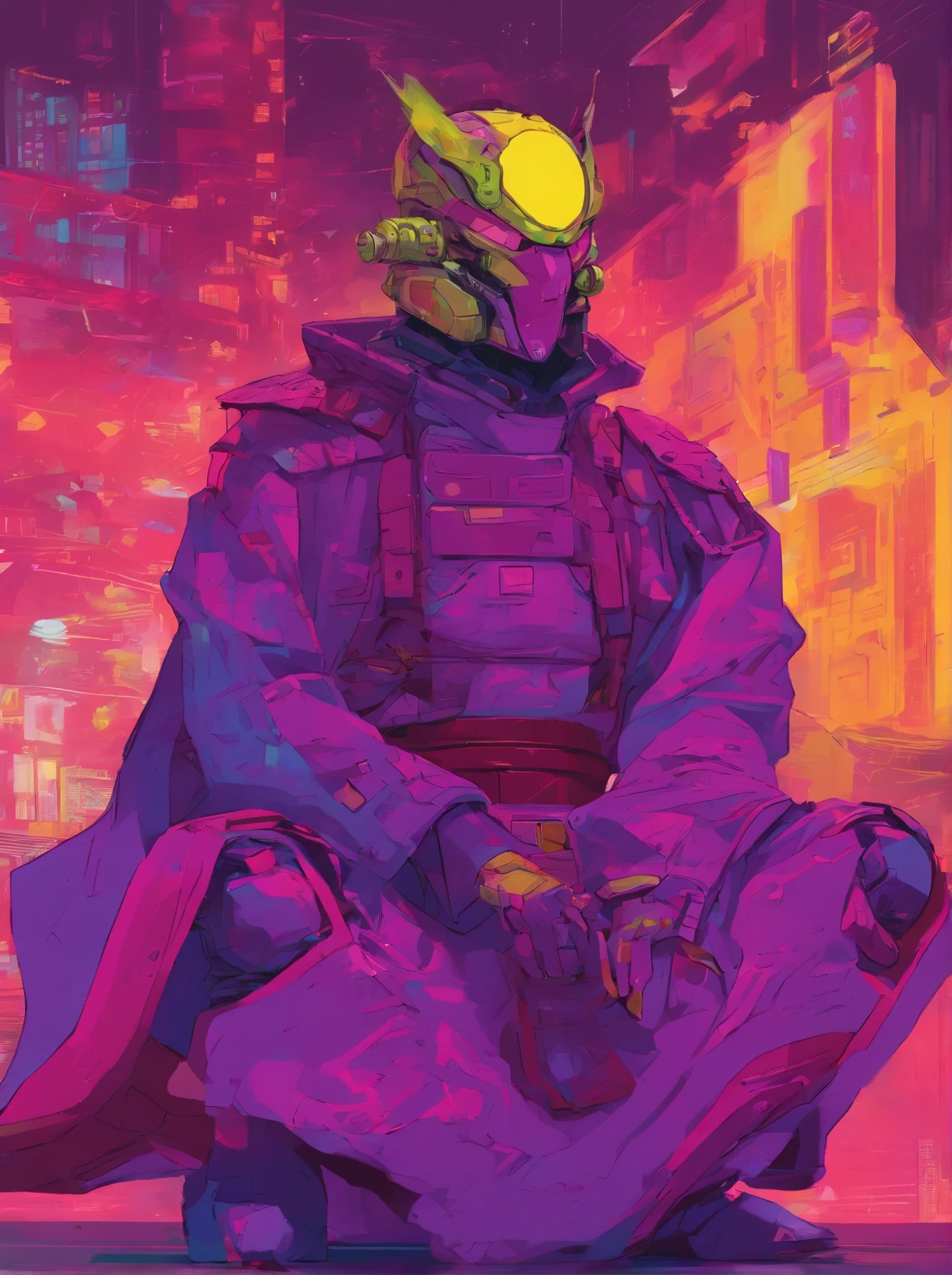 painting inspired by tomer hanuka and Victor Mosquera. A futuristic cyberpunk Japanese emperor, royalty, purple classic samurai armor, extraordinary,extravagant, monochromatic colors, (purple color pallette), best quality, detailed painting