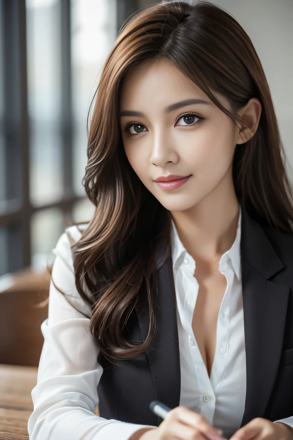 table top, highest quality, realistic, Super detailed, finely, High resolution, 8k wallpaper, 1 beautiful woman,, light brown messy hair, wearing a business suit, sharp focus, perfect dynamic composition, beautiful and detailed eyes, thin hair, Detailed realistic skin texture, smile, close-up portrait, model body shape