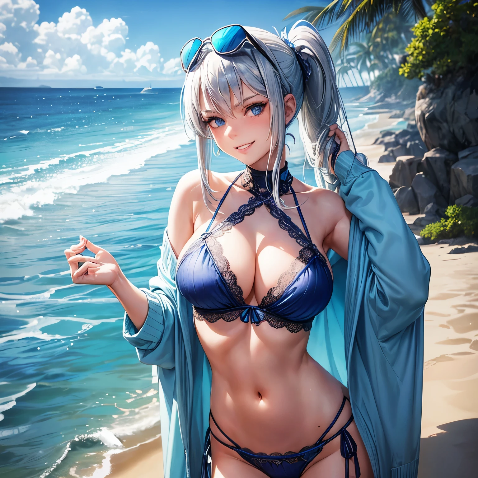 A 20 years old lady, blue eyes, silver ponytail hair with blue streaked hair, a blue sunglasses on her head, wearing blue bikini((no decoration ))and pale green cardigan, giving a toothy smile, looking back pose((Lace her hands behind her head.)), slender and a bit big boobs body, at a beach,
