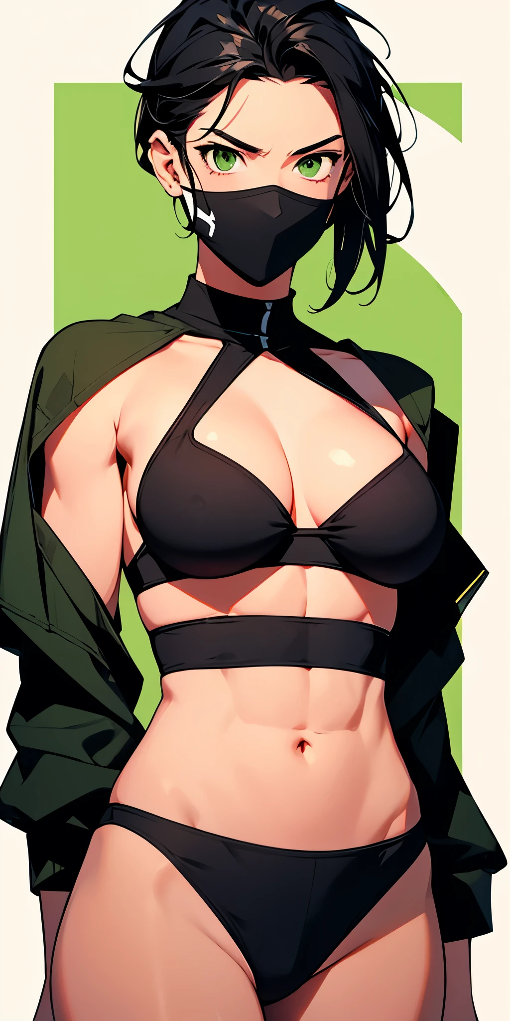 a ninja, pretty face, serious face, short black hair, green eyes, perfect body, fit body, abdomen, big breasts, muscular, wearing a ninja outfit