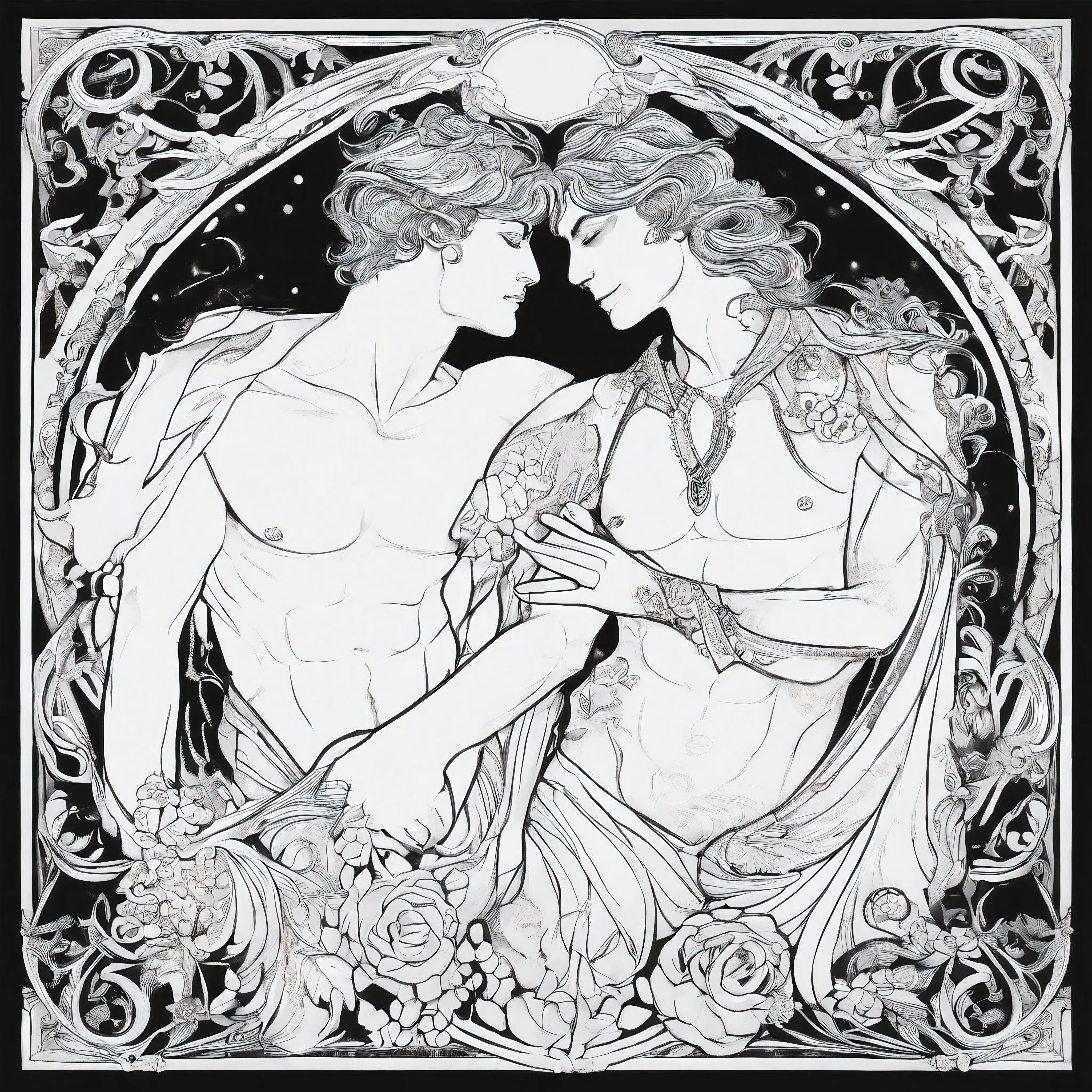 perfect line art drawing of gay, men, bar, dim light, leather, half naked, charcoal, pencil. drawing, underground white paper, kissing, black and white