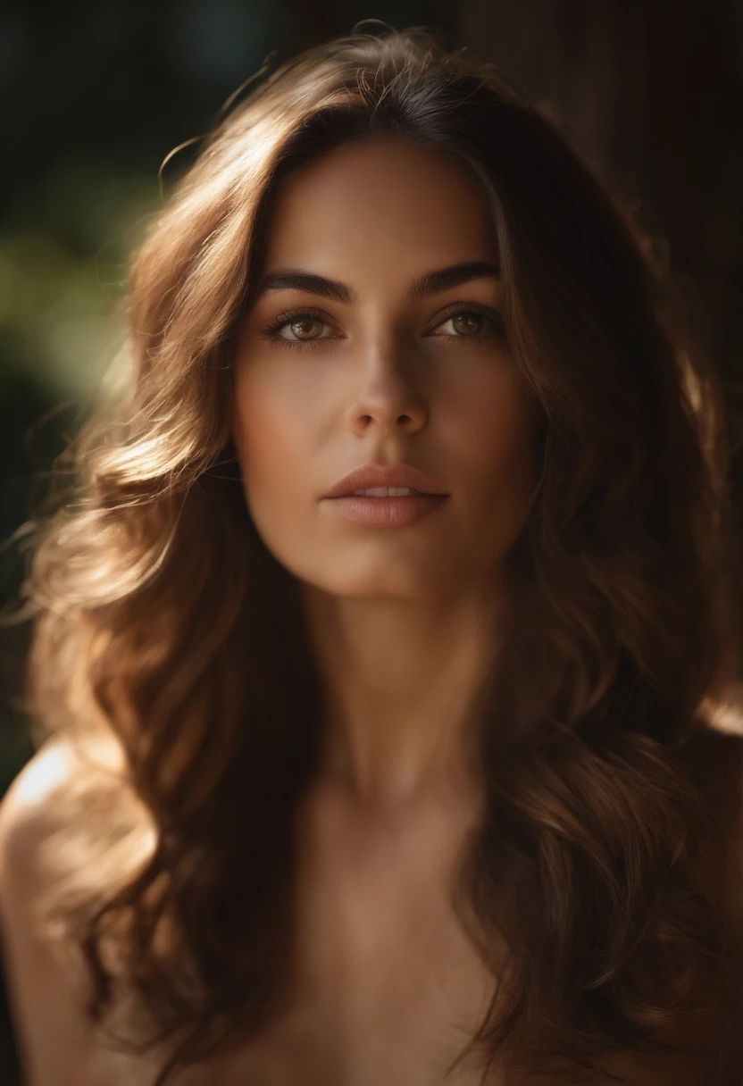 "Realistic portrait of a young woman about 25 years old, skin with warm tones and soft shadows, cabello ondulado cayendo delicadamente sobre sus hombros, ojos expresivos con destellos de luz natural, y un fondo difuminado que resalta su presencia en una escena tranquila."
