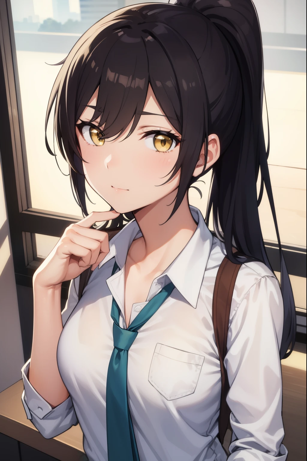 sakuyashirase, sakuya shirase, black hair, hair between eyes, long hair, ponytail, (yellow eyes:1.5),
BREAK collarbone, green necktie, green skirt, necktie, open collar, plaid, plaid skirt, pleated skirt, school uniform, shirt, skirt, white shirt,
BREAK looking at viewer, full body,
BREAK indoors, classroom,
BREAK (masterpiece:1.2), best quality, high resolution, unity 8k wallpaper, (illustration:0.8), (beautiful detailed eyes:1.6), extremely detailed face, perfect lighting, extremely detailed CG, (perfect hands, perfect anatomy),