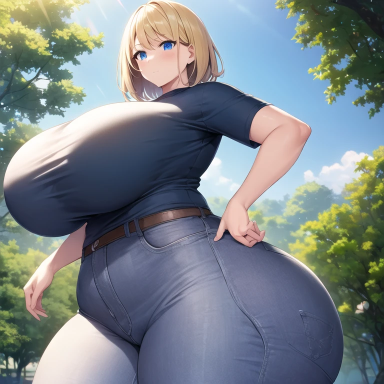 masterpiece, best quality, 1girl, solo, mature female, venusbody, gigantic breasts, thick thighs, gigantic ass, straight hair, short hair, blonde hair, blue eyes, white t-shirt, black pants, outdoors, cowboy shot