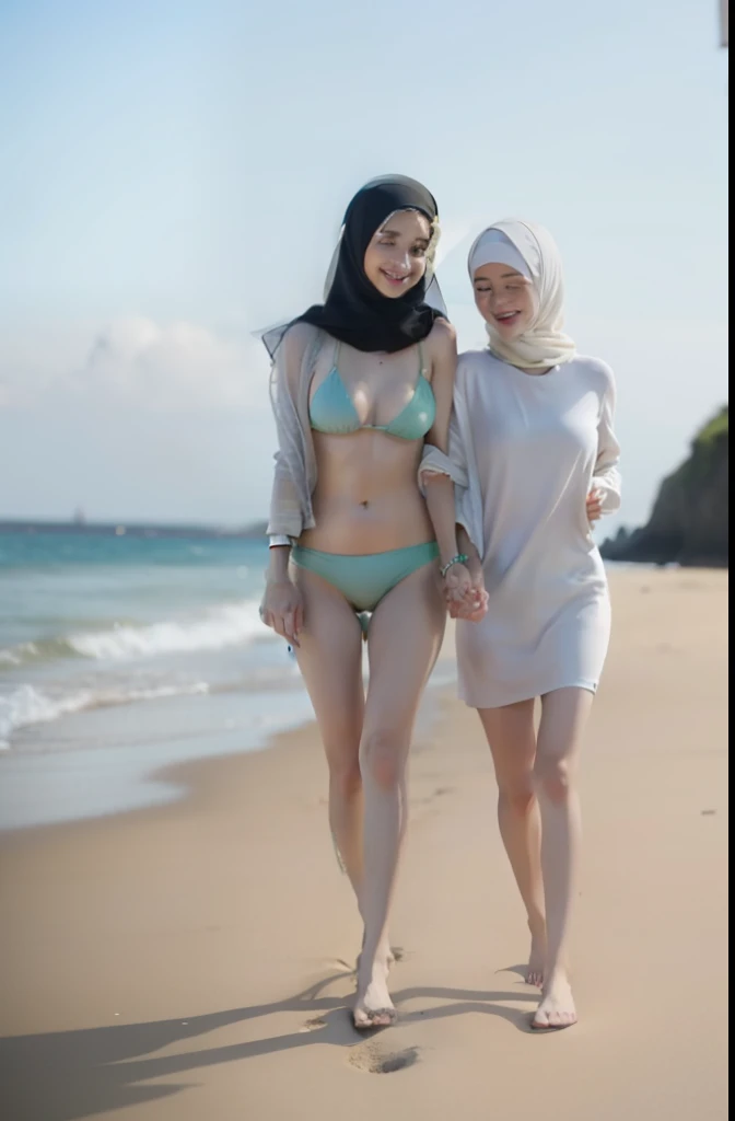 2 young girl, wear hijab, flat chested, naked, walking on a beach, hands holding each other, happy smile, low angle, full body photo,