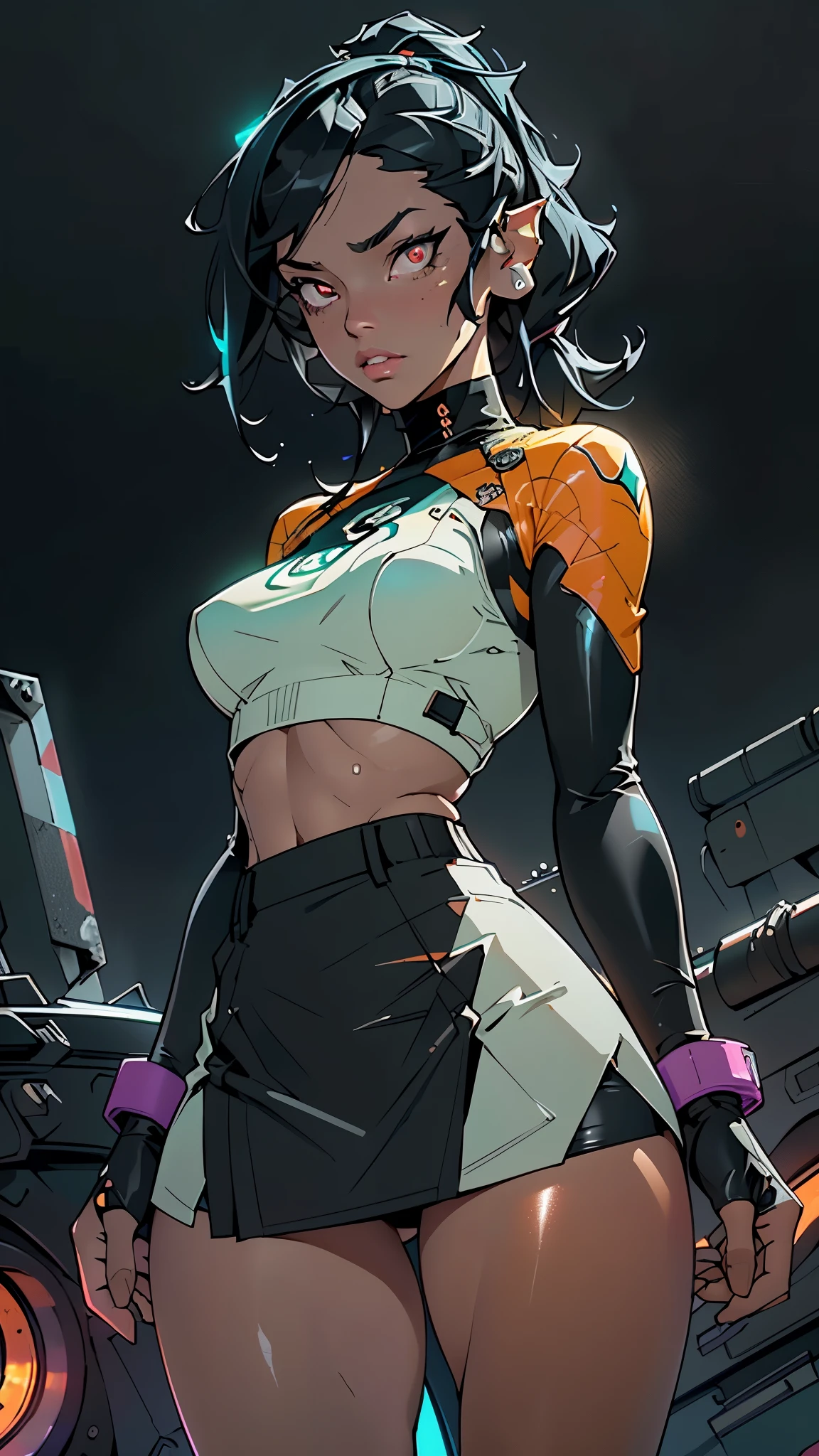 physical trainer girl,(((1girl))),
(large breasts:1.4),saggy breasts,(((ear fins:1.5))),(glowing eyes),(((orange_eyes:1.2))),(((black sclera:1.5))),symmetrical eyes,((fat)),(((lustrous skin:1.5,bright skin: 1.5,skin tanned,shiny skin,very shiny skin,shiny body,plastic glitter skin,exaggerated shiny skin,illuminated skin, wet legs))),(spider lower abdomen,narrow waist,wide hip,athletic body,inflated legs, thick thighs,detailed body,(detailed face)),((twin tail hairstyle, black hair,turquoise highlights hair)),
cute,slutty,seductive,erotic,((nsfw)),
((physical trainer suit)), orange headwear, ((orange skirt, black shirt, white panties)), ((Skirt Lift Front, (skirtliftfront))),((wet clothes,intricate outfit,intricate clothes)),
(dynamic pose:1.0),embarrassed,(centered,scale to fit dimensions,Rule of thirds),
cyberpunk city by the ocean at night, with bright neon signs and dark stormy clouds and puddles, scenery:1.25,nighttime, starry night, cosmos,Very dark night that makes the neon lights stand out, very bright neon lights,
artistic photography,(photography taken by sldr),highres, sharp focus,(ultra detailed, extremely detailed), (photorealistic artwork:1.37),(extremely detailed CG unity 8k wallpaper),((synthwave background theme)),(((vibrant colors))),intricate,(intricate background),(masterpiece),(best quality),perfect rendered face,perfect face details,realistic face,photo realistic,analog style,((intricate detail)),(((realism))),