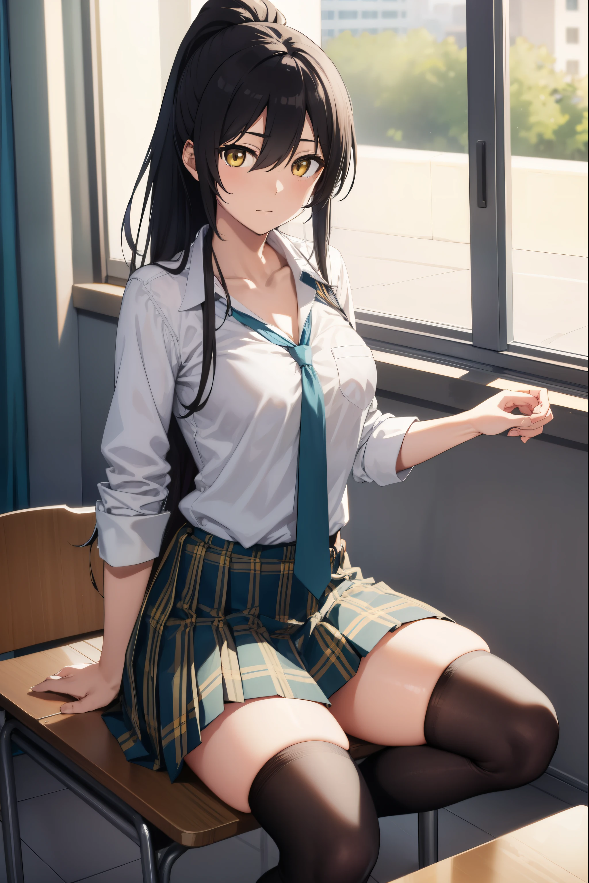 sakuyashirase, sakuya shirase, black hair, hair between eyes, long hair, ponytail, (yellow eyes:1.5),
BREAK collarbone, green necktie, green skirt, necktie, open collar, plaid, plaid skirt, pleated skirt, school uniform, shirt, skirt, white shirt,
BREAK looking at viewer, full body,
BREAK indoors, classroom,
BREAK (masterpiece:1.2), best quality, high resolution, unity 8k wallpaper, (illustration:0.8), (beautiful detailed eyes:1.6), extremely detailed face, perfect lighting, extremely detailed CG, (perfect hands, perfect anatomy),