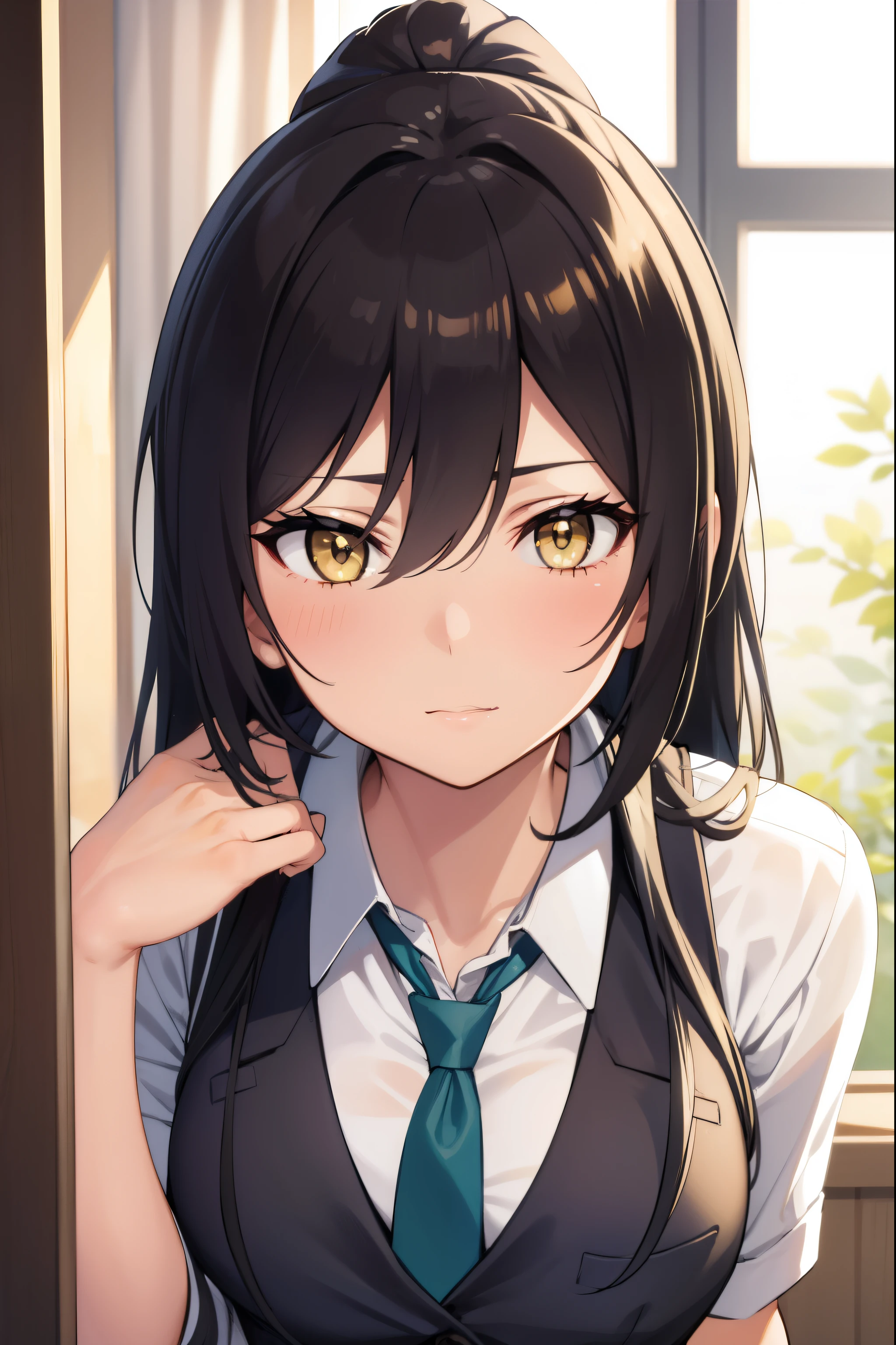 sakuyashirase, sakuya shirase, black hair, hair between eyes, long hair, ponytail, (yellow eyes:1.5),
BREAK collarbone, green necktie, green skirt, necktie, open collar, plaid, plaid skirt, pleated skirt, school uniform, shirt, skirt, white shirt,
BREAK looking at viewer, full body,
BREAK indoors, classroom,
BREAK (masterpiece:1.2), best quality, high resolution, unity 8k wallpaper, (illustration:0.8), (beautiful detailed eyes:1.6), extremely detailed face, perfect lighting, extremely detailed CG, (perfect hands, perfect anatomy),