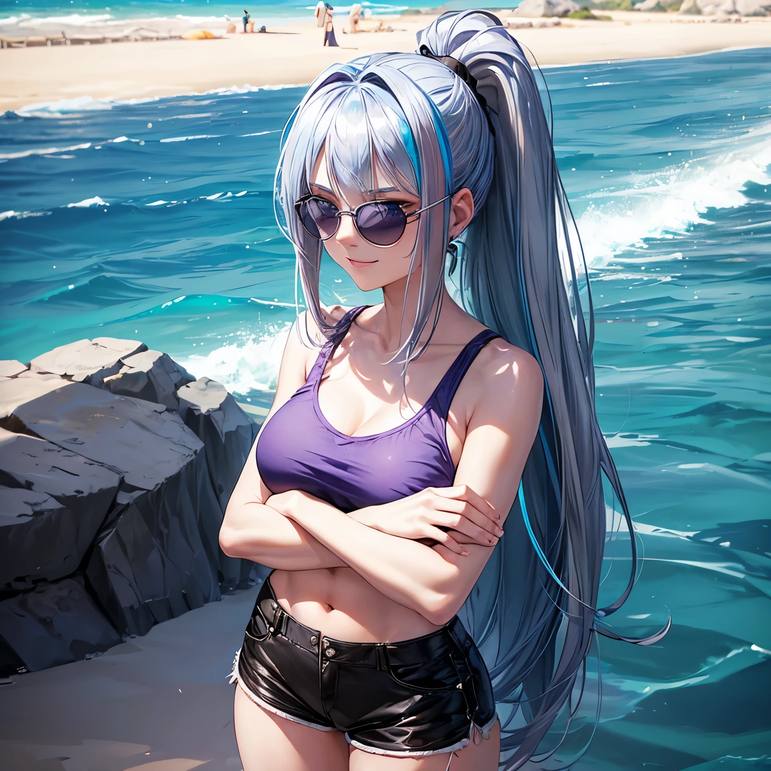A 20 years old lady, blue eyes, silver ponytail hair with blue streaked hair, blue sunglasses, wearing camisole, pale purple T-shirts and black short pants, sunny smile,  looking down ((folding her arms)), slender and big boobs body, at a beach, standing alone 