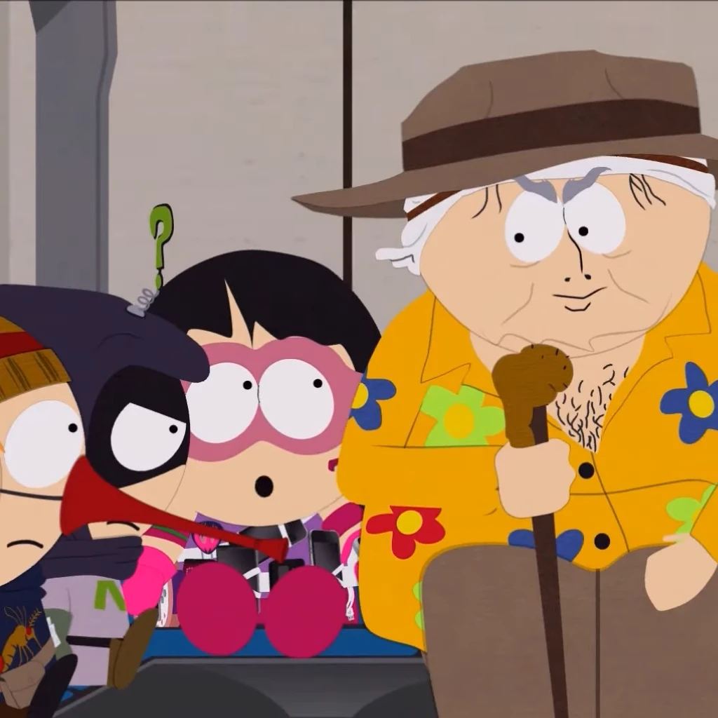 cartoon characters are standing in a room with a microphone, in style of south park, south park, south park style, eric cartman in real life, eric cartman, ! movie scene, nbc, from family guy, eddie, youtube video screenshot, highly stylized, martin sandiego, cutscene footage, captain, video game cutscene, john redcorn, old man