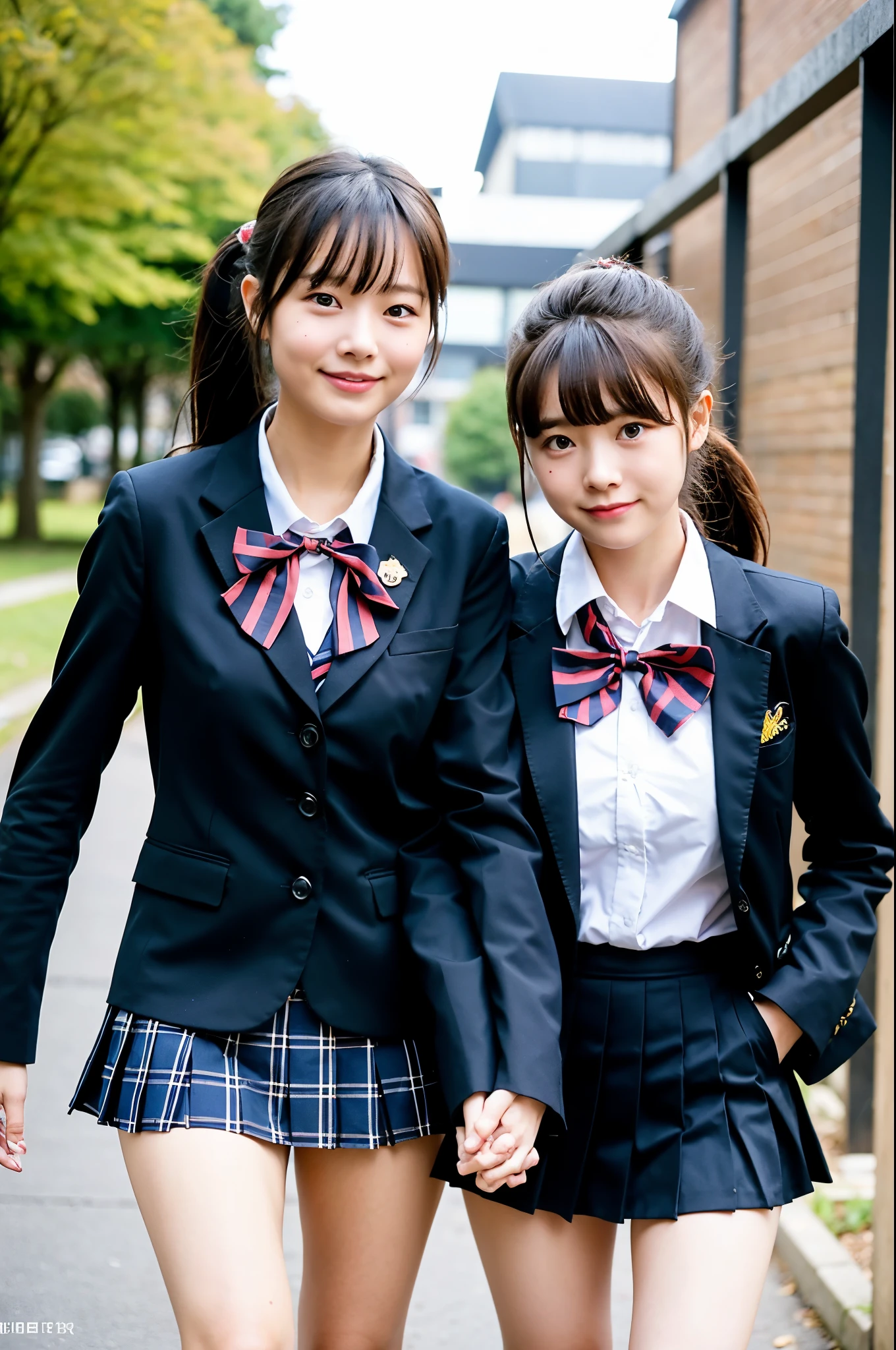 2 girls walking in school yard,long-sleeved blazer and white shirt with red bow tie,white panties,navy blue plaid pleated micro mini skirt,school bag,18-year-old,bangs,a little smile,thighs,knees,short cut hair,low ponytail,from below,front-lighting