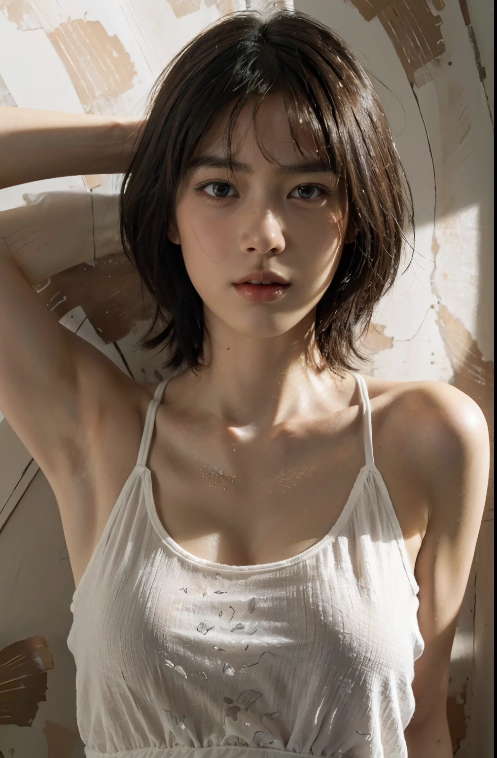 (Super realistic), (An illustration), (High resolution), (8K), (very detailed), (最高のAn illustration), (beautiful detailed eyes), (highest quality), (Super detailed), (masterpiece), (wallpaper), (details face), droopy eyes,sweaty,Upper body close-up,Armpit,short hair,inner color,solo,Girl in simple white tank top, Japanese, big breasts, (camel toe)