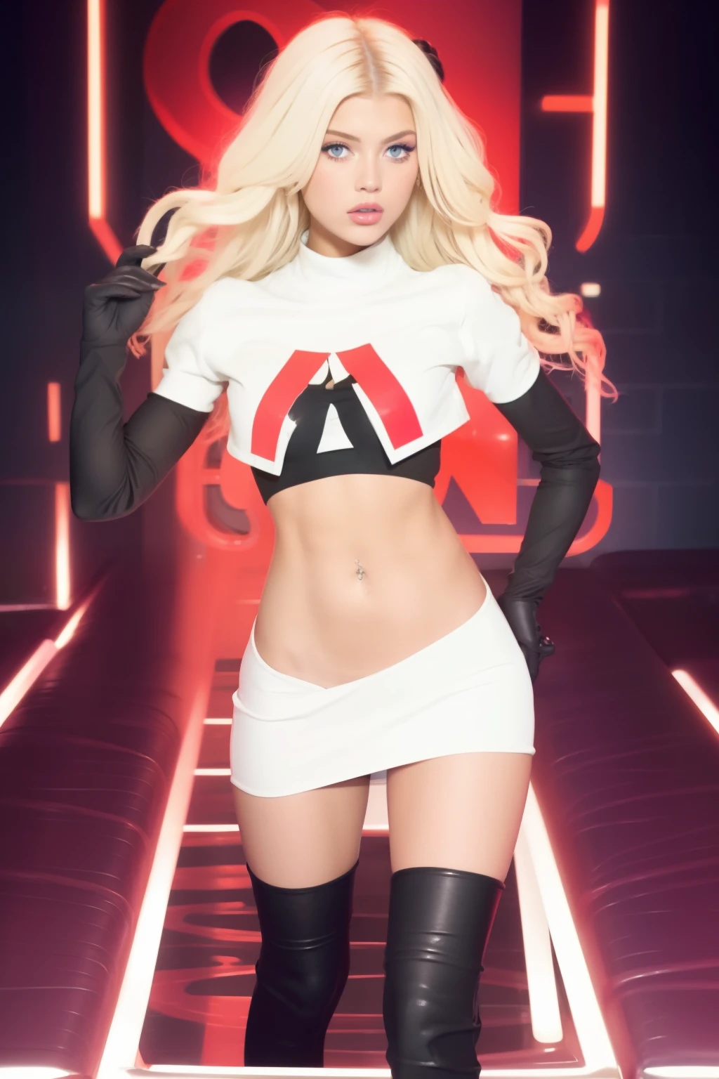 the face of lorengray, team rocket,team rocket uniform, red letter R, white skirt,white crop top,black thigh-highs,black elbow gloves,