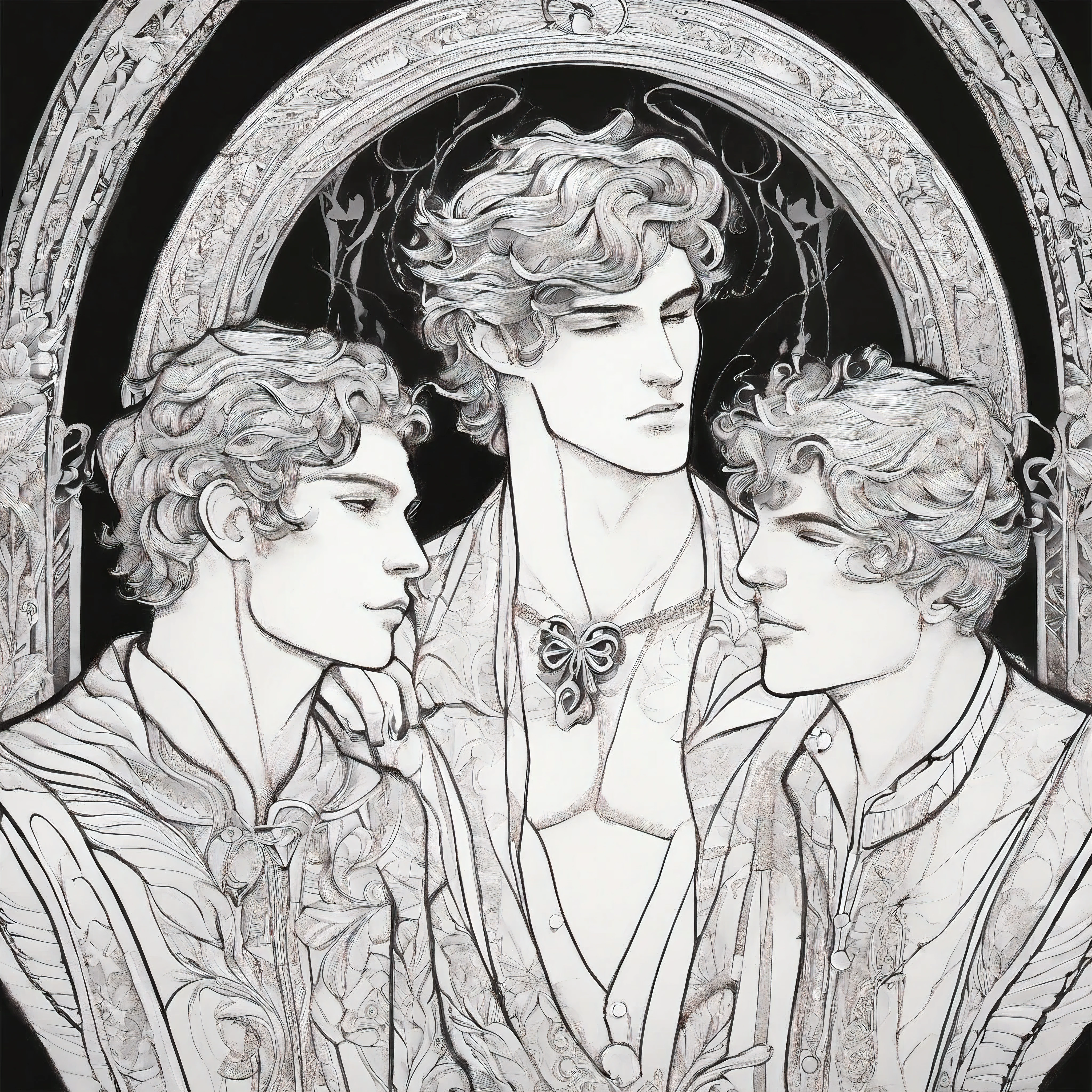 gay, men, line drawing, dim light, leather, half naked, charcoal, pencil. drawing, underground paper, kissing men. trio, male-male, realistic charcoal drawing