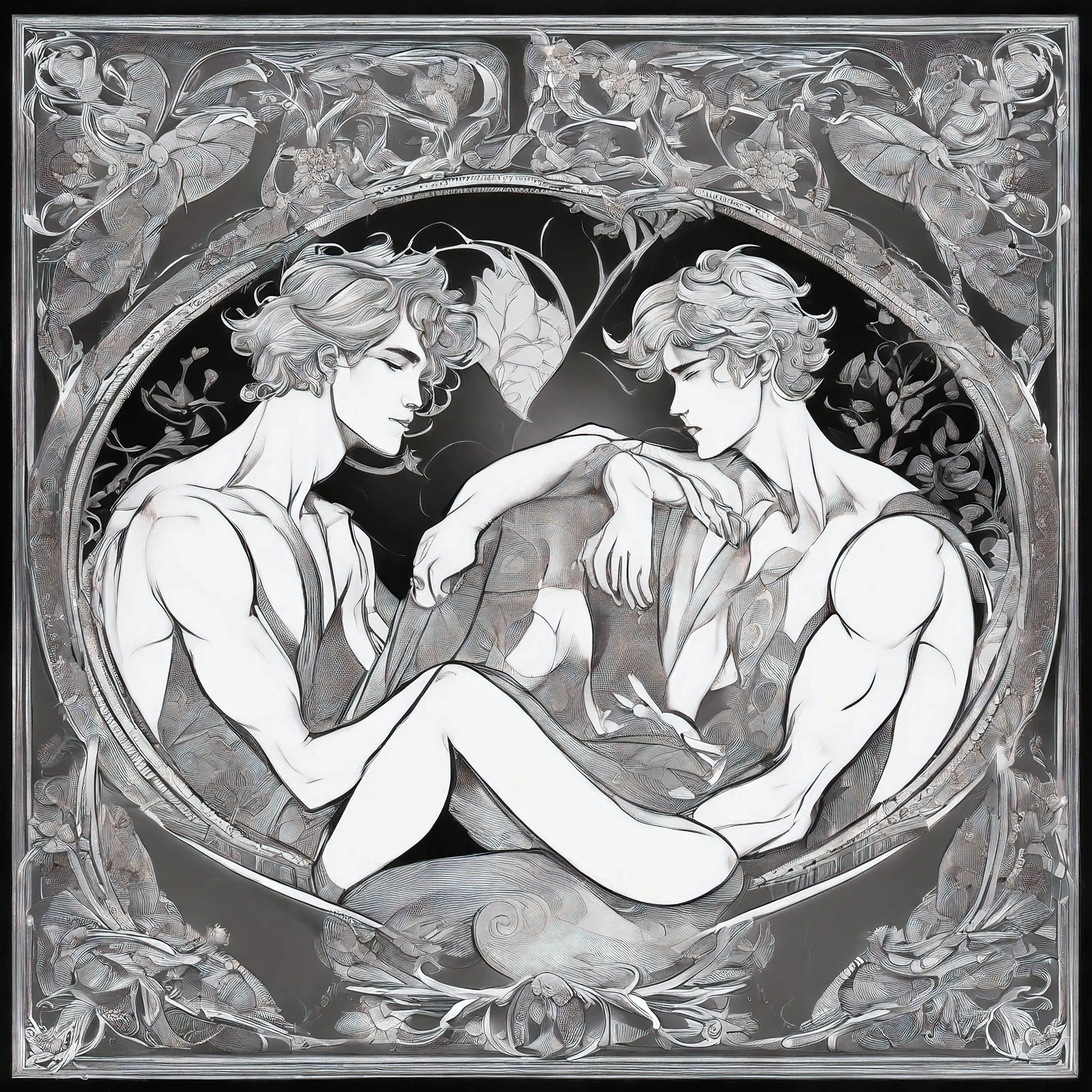 gay, men, line drawing, dim light, leather, half naked, charcoal, pencil. drawing, underground paper, kissing men. trio, male-male, realistic charcoal drawing