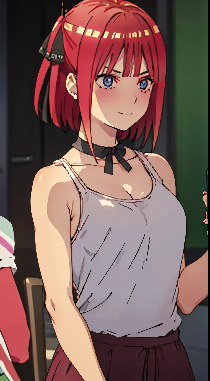 ((Tabletop, Highest quality, High resolution, Pixel perfect,  4K, nsfw)))、1 Girl, Beautiful woman、((short hair, Twin braids、Red Hair)), ((blue eyes、Beautiful eyelashes, Realistic eyes)), ((Detailed face, blush:1.2)), ((Smooth texture:0.75, Realistic texture:0.65, Realistic:1.1, Anime CG Style)), ((Muscular))、((Small breasts、Swollen nipples、Thick thighs)), Perfect body、Bedroom at night、((((:or、Embarrassing、blush))))、((Sweat))、Sitting、Spreading her legs、(Put your hands behind your head、Armpits)、((Blue Striped Panties))、