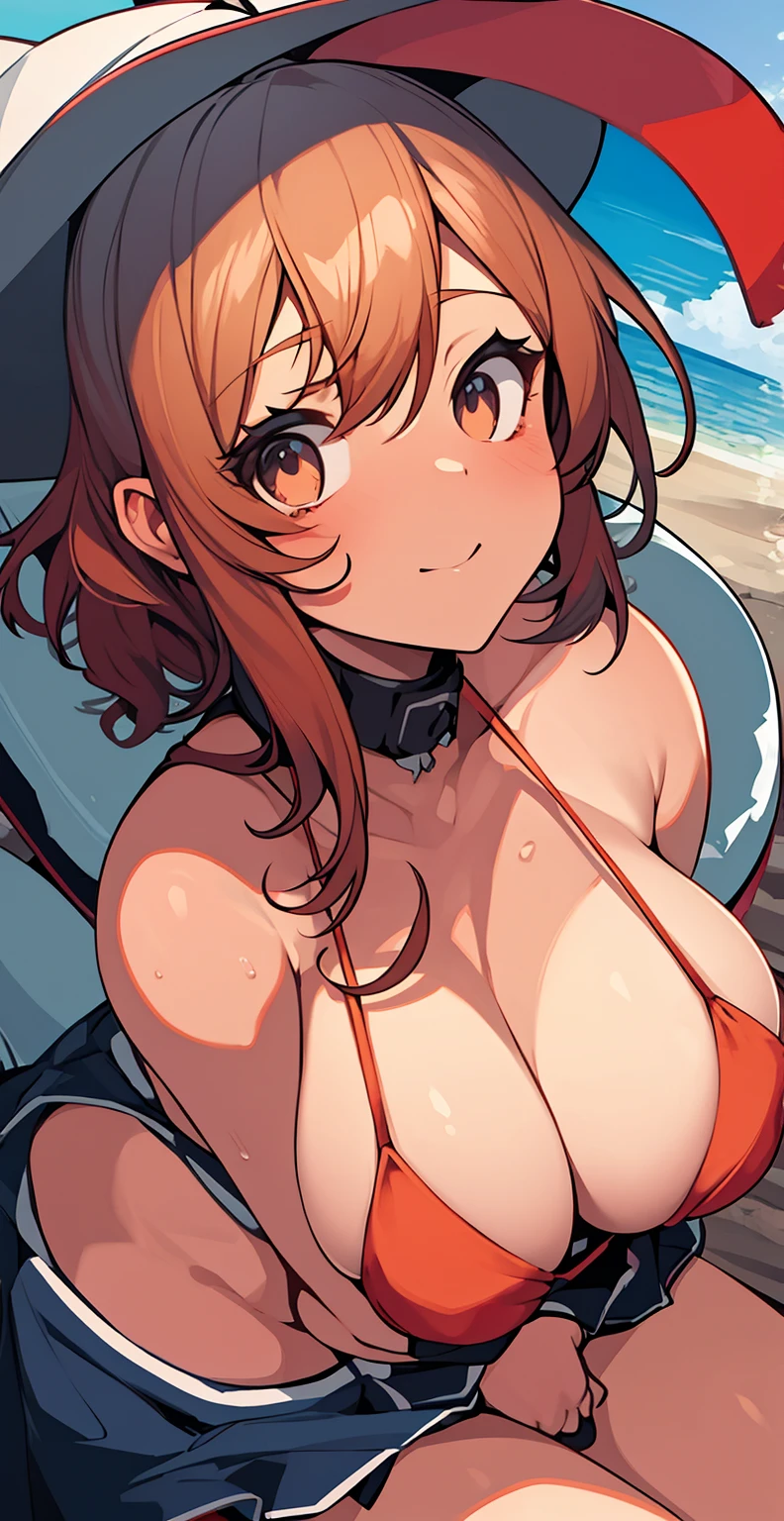 a close up of a woman in a bikini sitting on a beach, sfw huge breasts, oppai, giant stunning goddess shot, breasts covered and sfw, with large breasts, big breasts, covered sfw huge breasts, big breasts!, at the beach, really large bust, big breasts!!, at a beach, with a large breasts, large breasts, busty