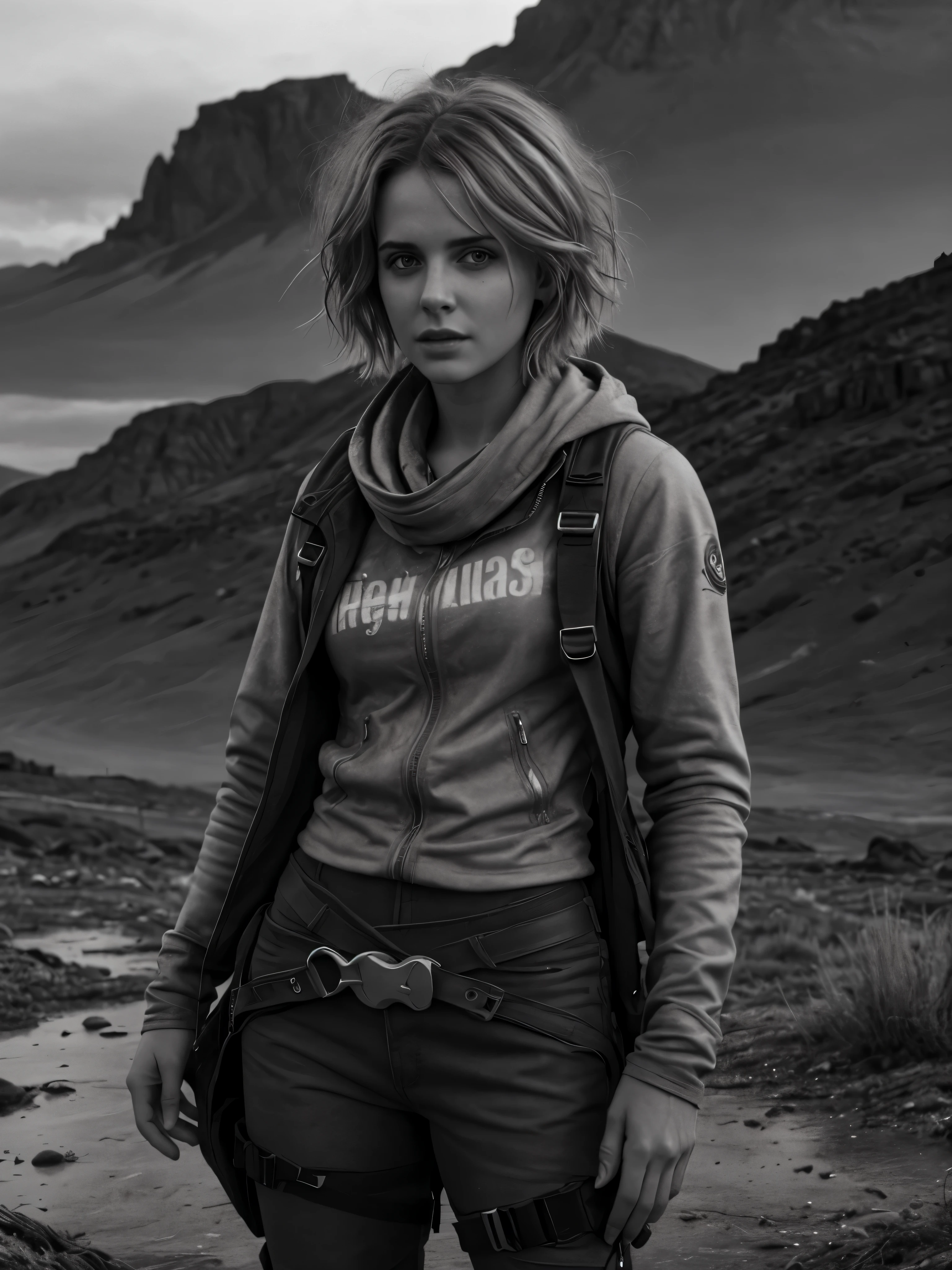 photorealistic, Masterpiece photo in shades of gray, woman with disheveled hair and tiny post-apocalyptic clothes, cute sexy, (Detailed wasteland background), ultra sharp focus, Detailed face, (((posing))), random hair color, short hair, Beautiful eyes, whole body, high quality black and white image