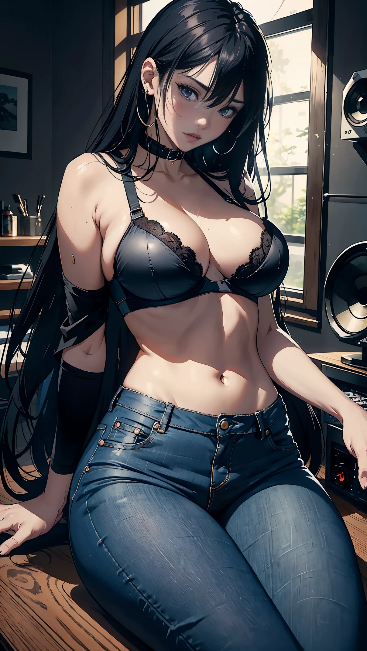 (hinata hyuga, Very sensual, In tight clothes, big ass, thick legs, Wear very tight jeans, ((Wearing a black bra)), Pilsing and navel, long hair, Speaker behind, very realistic, very sexy, 8K, 8K extremamente detalhado), (very delicate and beautiful), (masterpiece), (better quality: 1.0), (ultra high resolution:1.0)