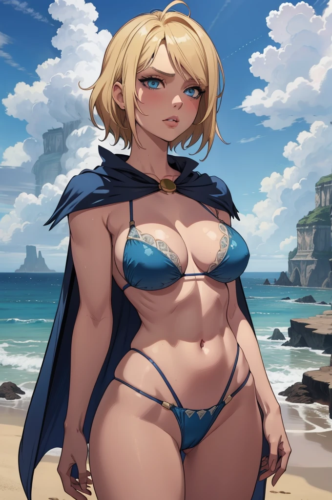 NSFW. kara, short blonde hair, blue eyes, ((blue bikini)), large breasts, shoulder cape, standing, upper body, solo, morning, deserted beach with cliffs, cloudy sky, serious, (insanely detailed, beautiful detailed face, masterpiece, best quality)