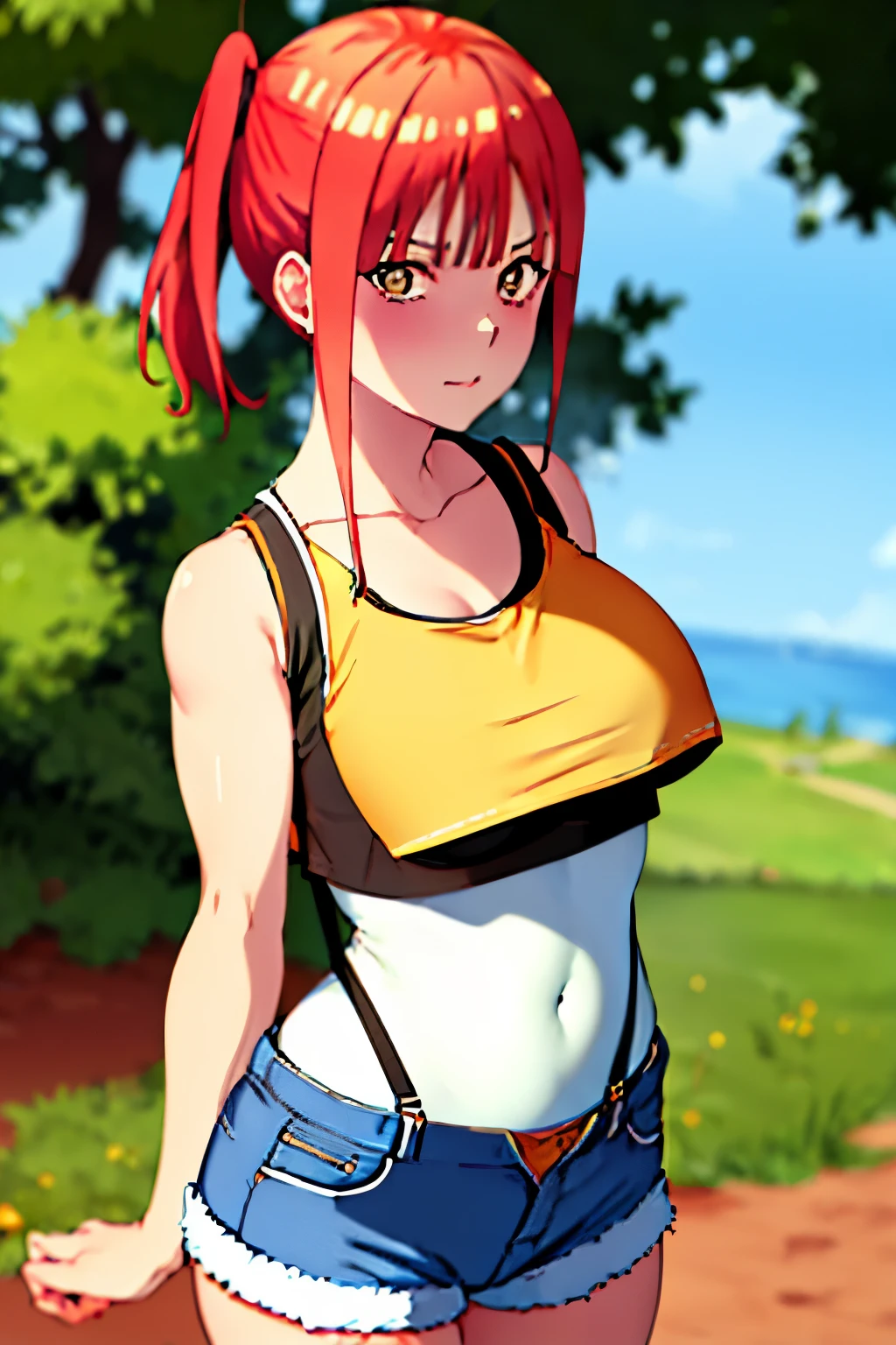 masterpiece, best quality, highres, 1girl, solo, shorts, suspenders, side ponytail, orange hair, midriff, yellow crop top, navel, short hair, denim, denim shorts, cowboy shot, outdoors, Under Boob, small breasts, Externally expanded Chest, looking at viewer,